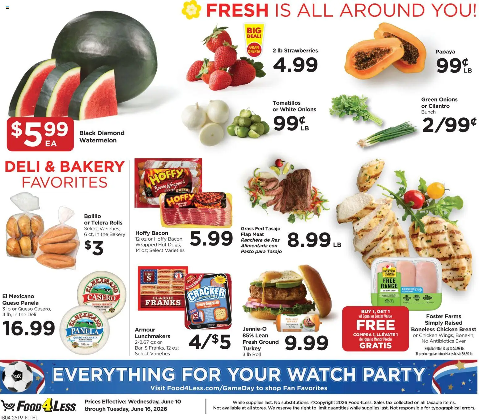 Food 4 Less Weekly Ad - valid from 10.06.2026 | Page: 5 | Products: Bakery, Ham, Watermelon, Watch