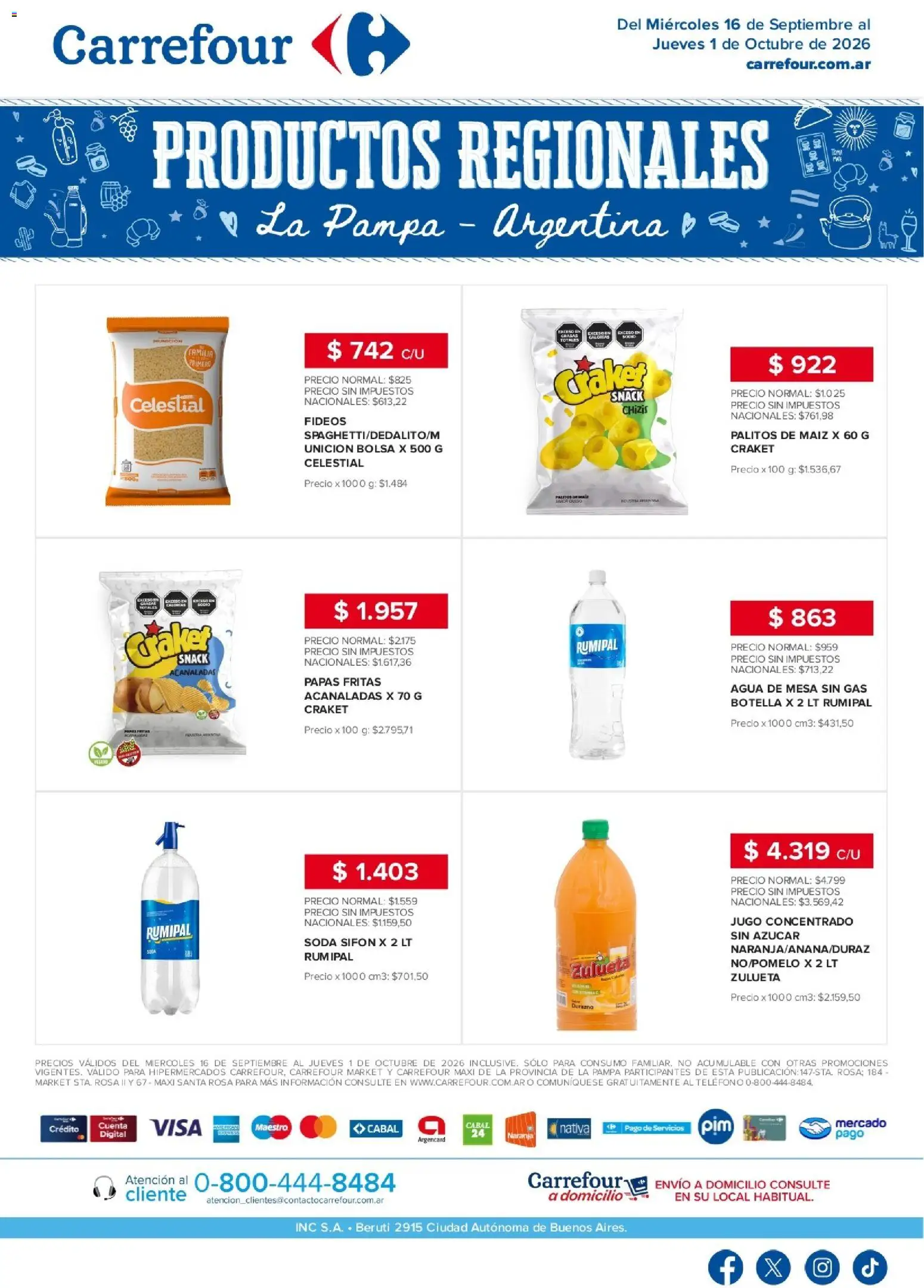Carrefour - Regionales | La Pampa │ válido desde el 16/09/2026 | Página: 1 | Productos: Teléfono, Azucar, Agua, Jugo