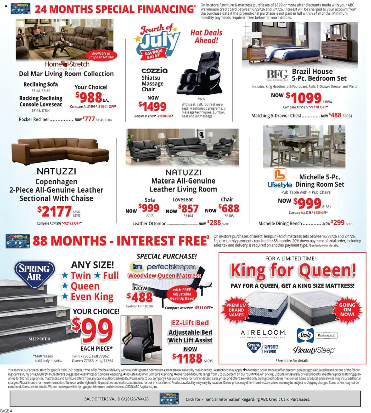 ABC Warehouse Weekly Ad - valid from 06/28/2026 | Page: 4 | Products: Bed, Bedroom set, Table, Date