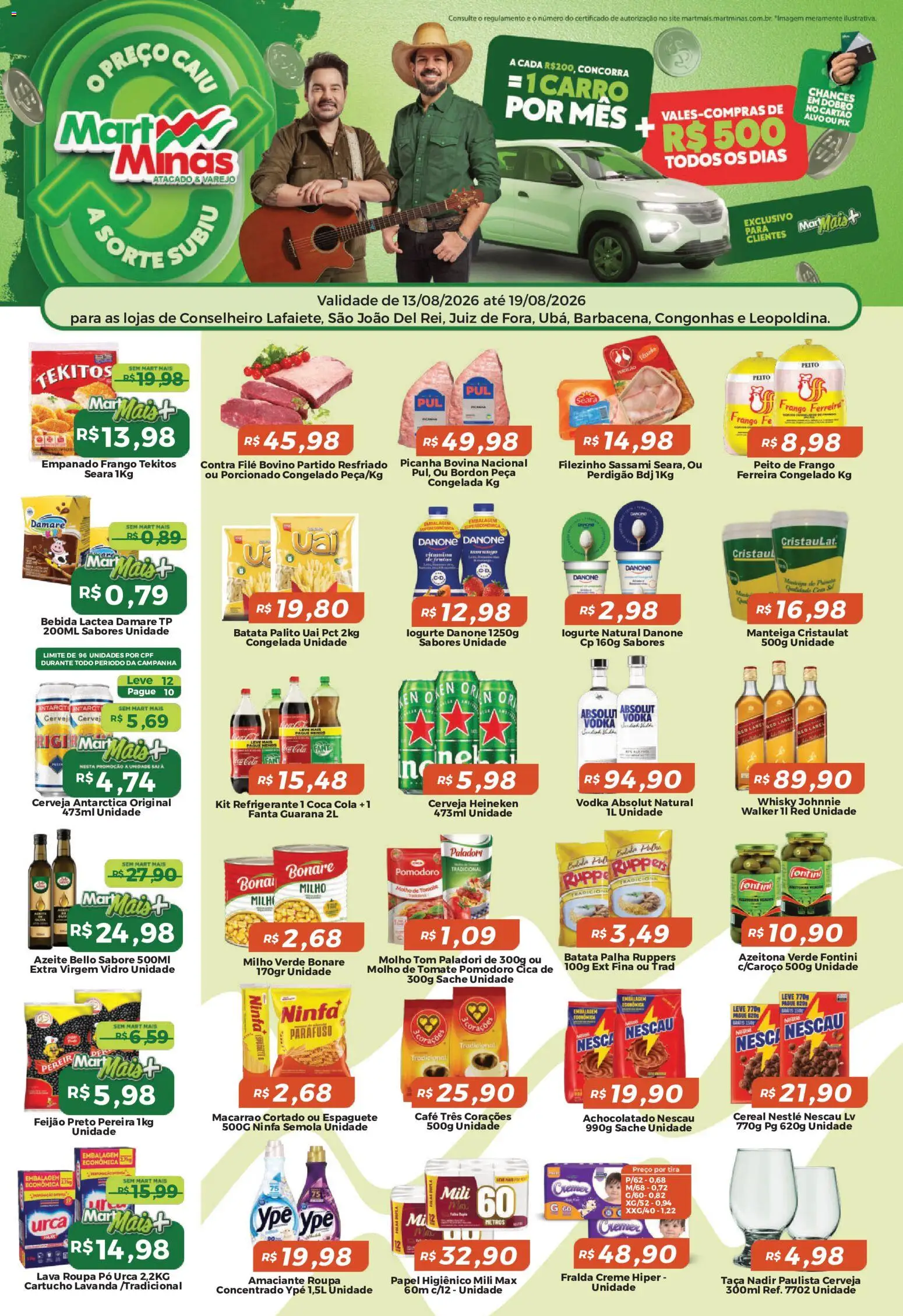 Mart Minas Folheto - válido de 13/08/2026 | Página: 1 | Produtos: Feijão, Milho verde, Creme, Vodka