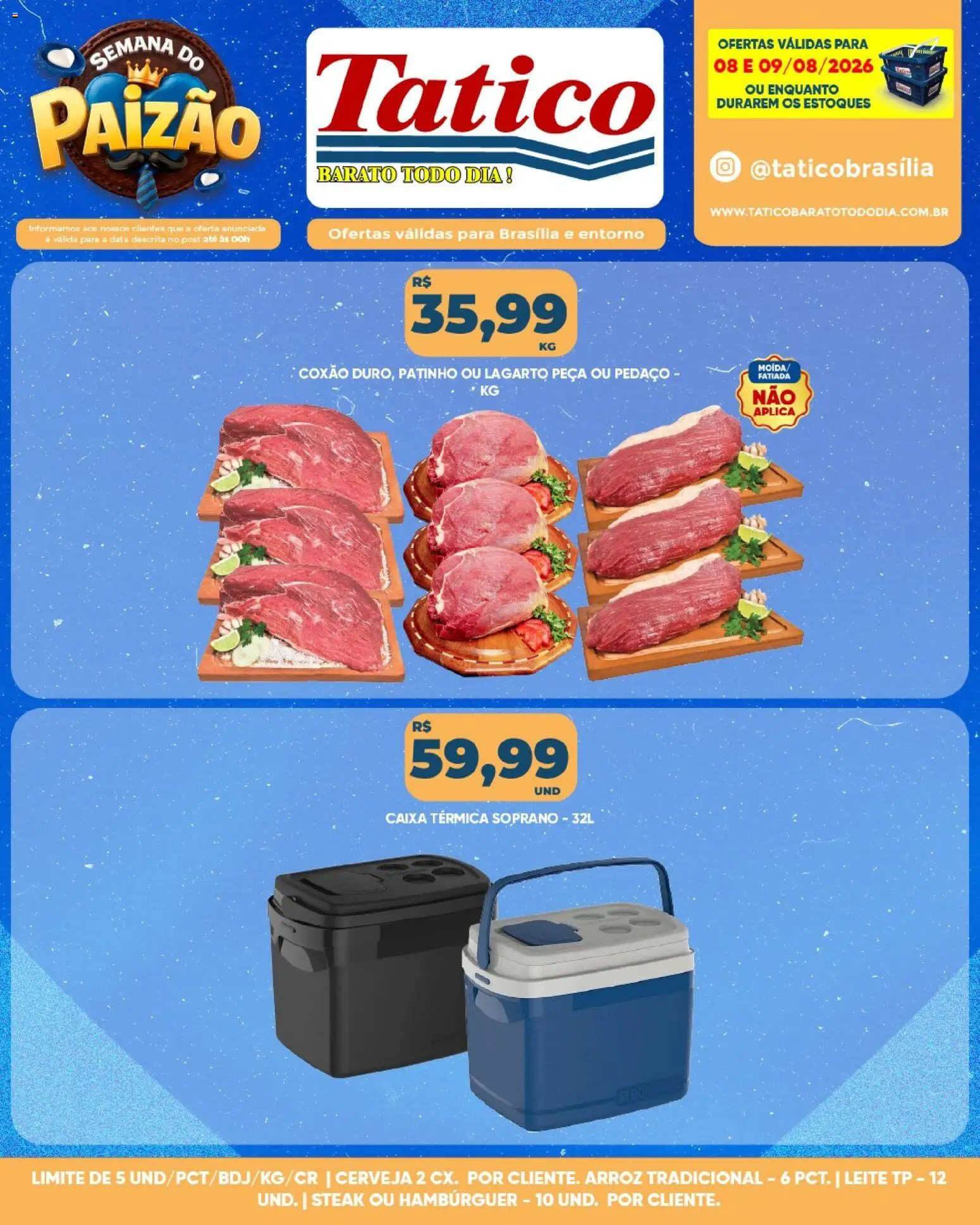 Tatico Folheto - válido de 08/08/2026 | Página: 12 | Produtos: Steak, Caixa, Cerveja, Hambúrguer