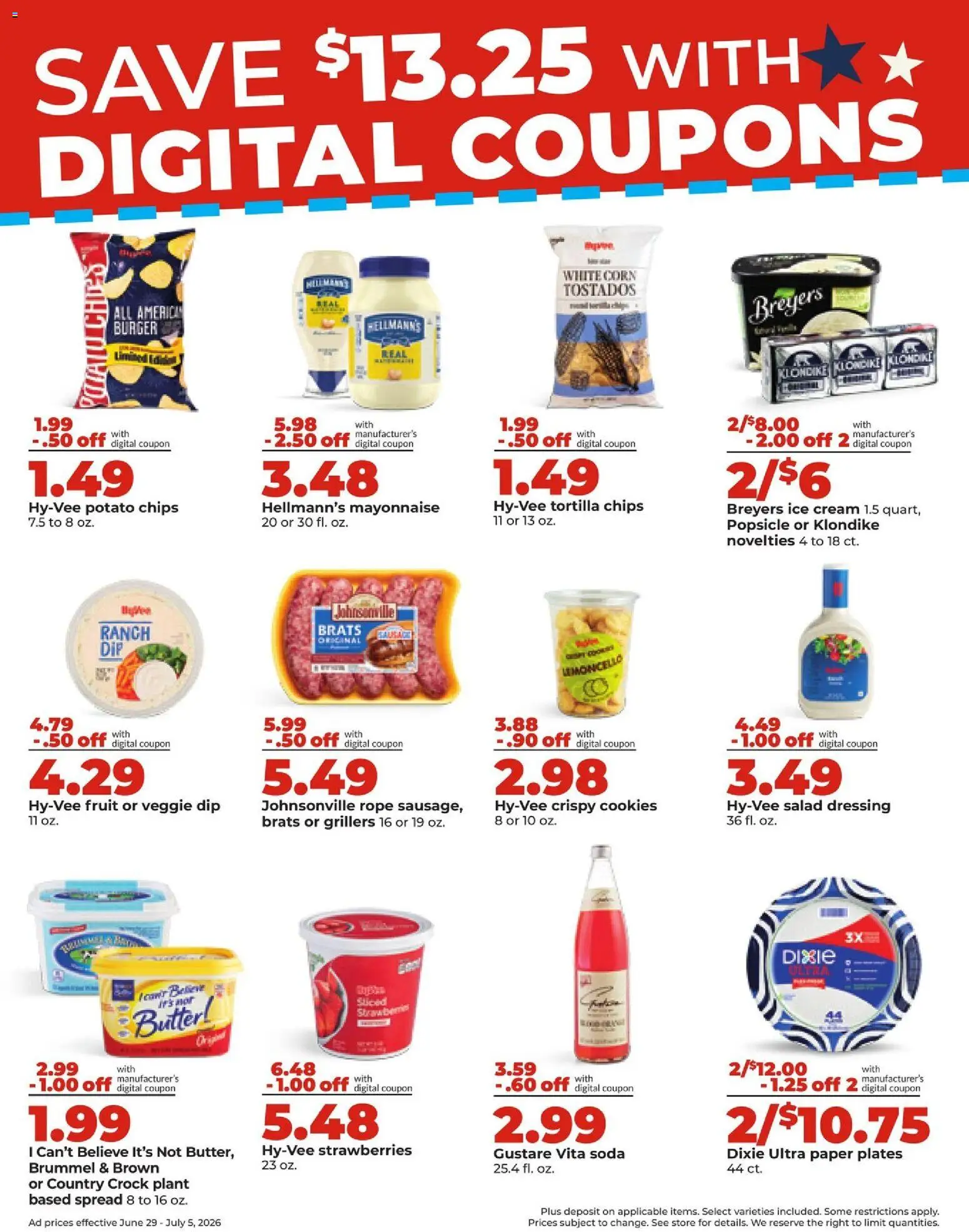 HyVee Weekly Ad - valid from 06/29/2026 | Page: 13 | Products: Butter, Strawberries, Chips, Ice cream