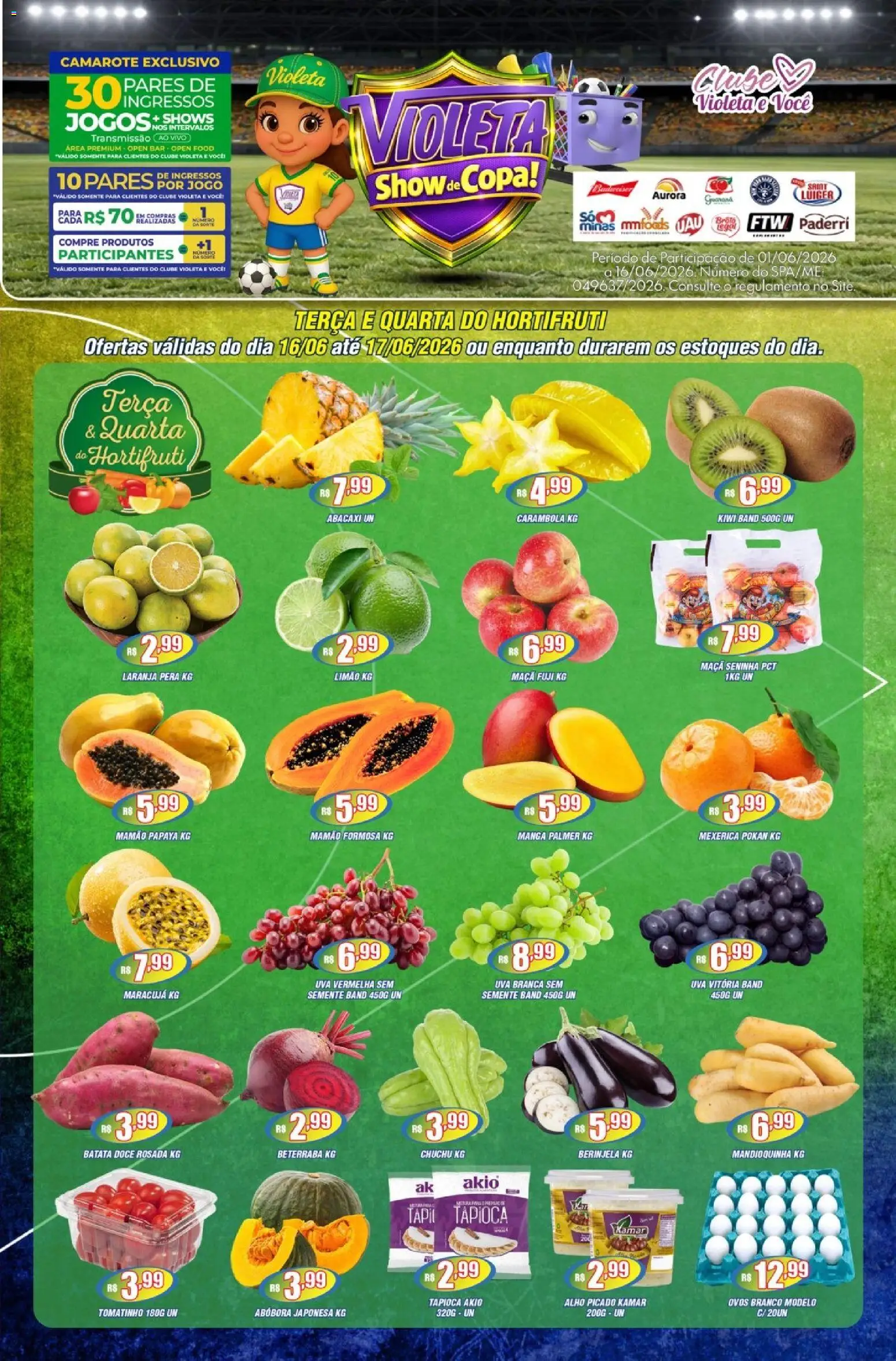 Violeta Supermercados Folheto - válido de 16.06.2026 | Página: 1 | Produtos: Pera, Mandioquinha, Tapioca, Kiwi