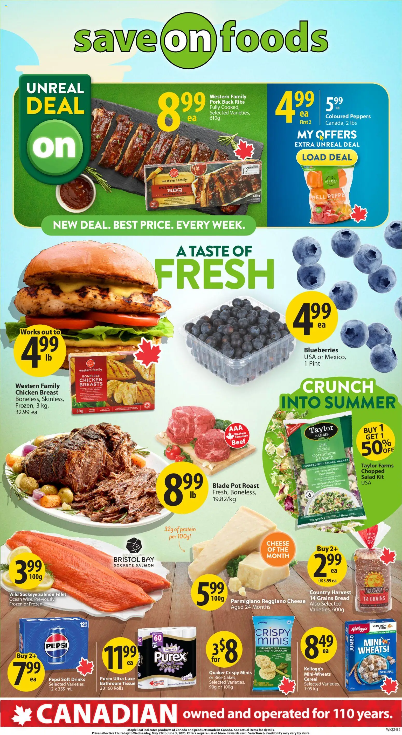 Save on foods flyer valid from 28.05.2026 | Page: 2 | Products: Beef, Salad, Chicken breasts, Pork