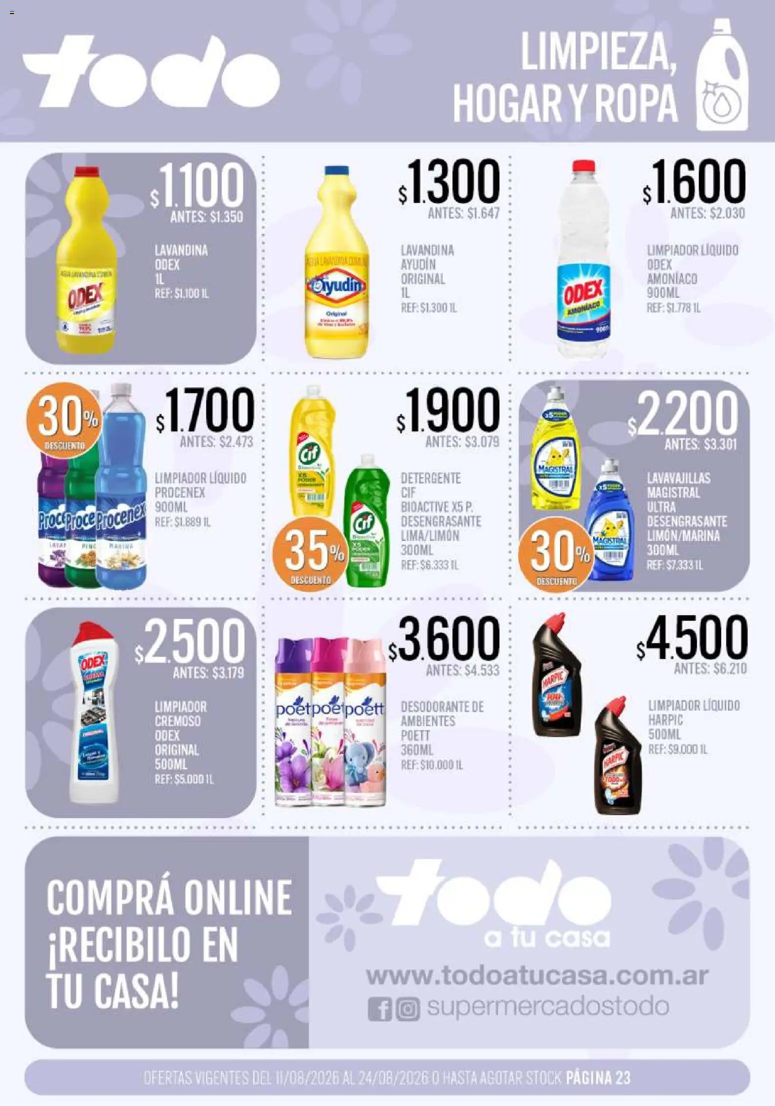 Supermercados TODO - Ofertas │ válido desde el 11/08/2026 | Página: 23 | Productos: Lavandina, Lavavajillas, Desodorante, Limpiador