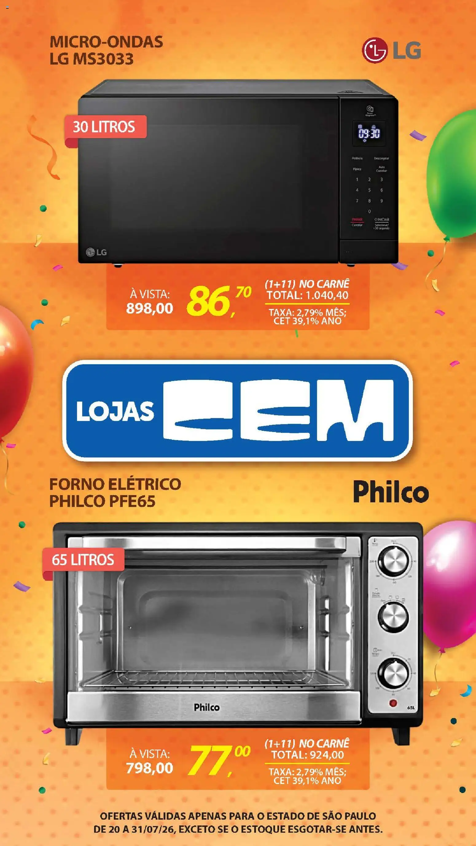 Lojas Cem Folheto - válido de 20/07/2026 | Página: 46 | Produtos: Forno elétrico, Microondas, Carne, Pipoca