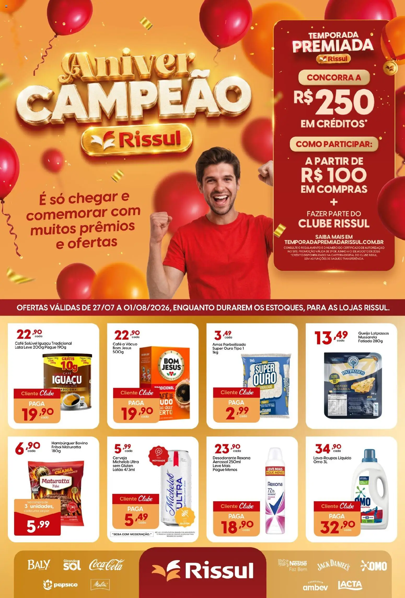 Rissul Folheto - válido de 27/07/2026 | Página: 1 | Produtos: Café, Hambúrguer, Rexona, Café solúvel