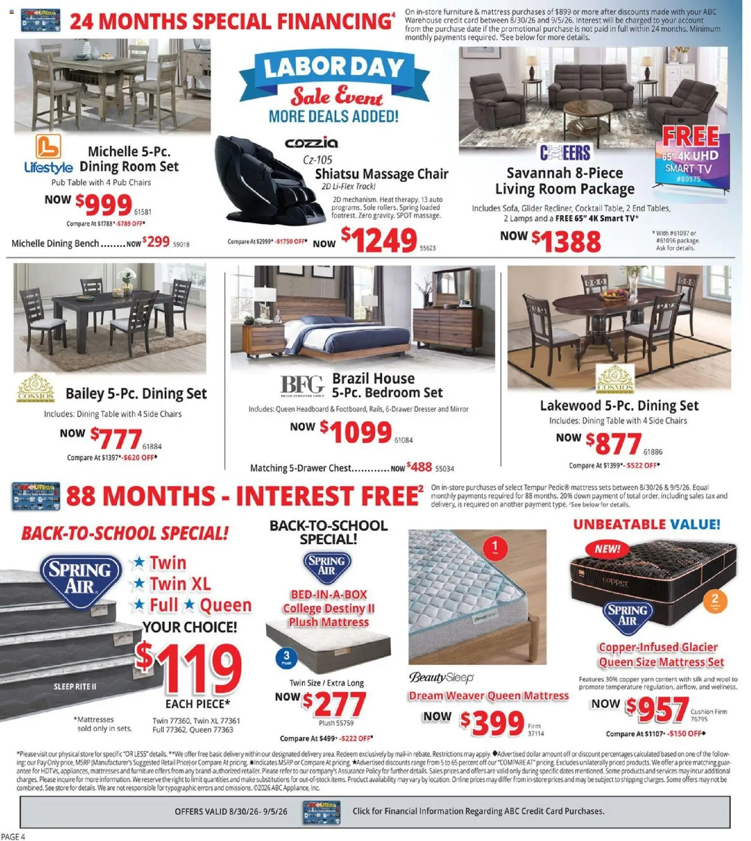 ABC Warehouse Weekly Ad - valid from 08/30/2026 | Page: 4 | Products: Table, Massage Chair, Dresser, Date
