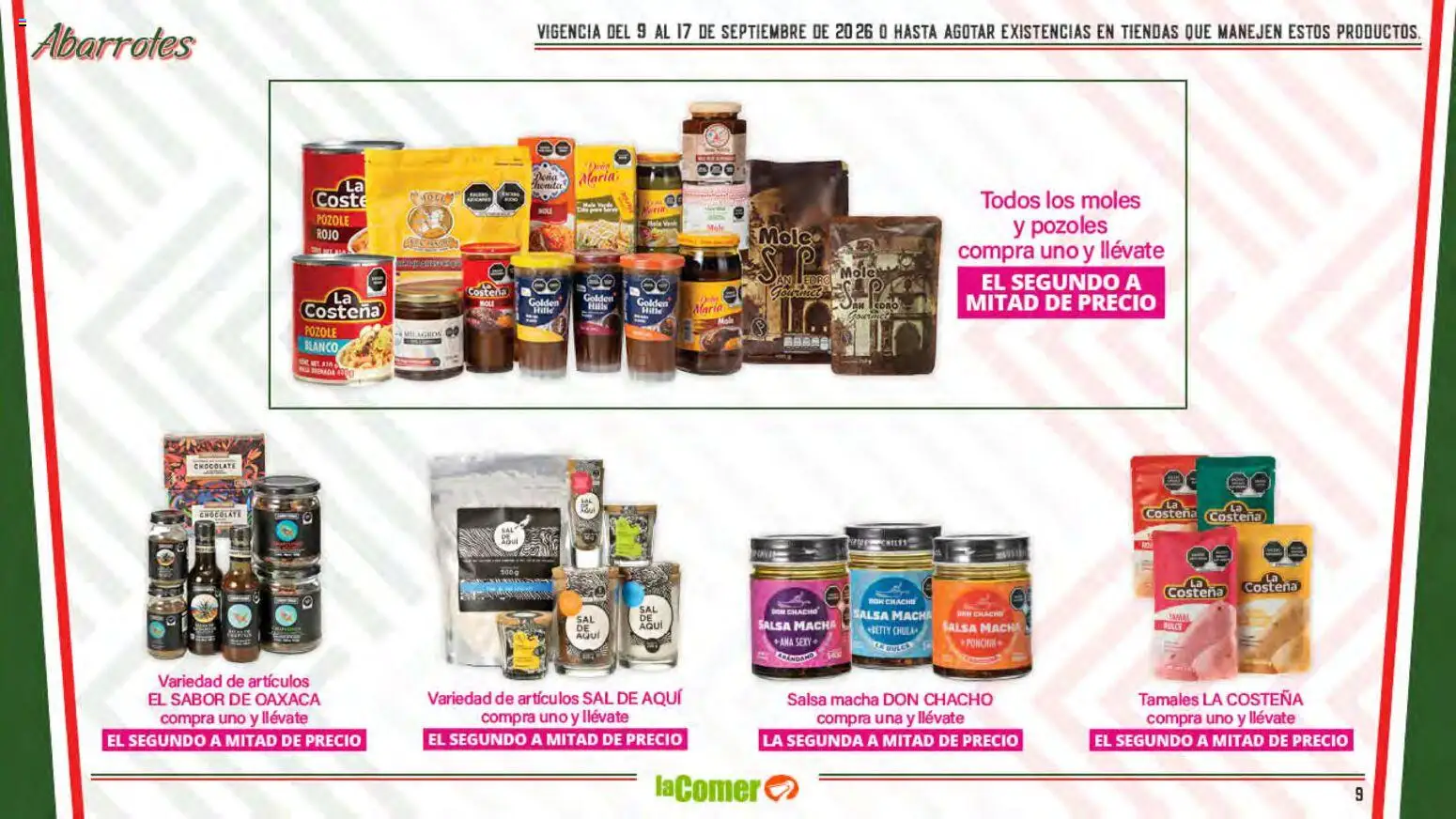 Nuevas ofertas de La Comer válidas en toda la República Mexicana desde el 09/09/2026. ¡Encuentra las mejores ofertas en La Comer folleto La Grandeza de México se comparte en la mesa! | Página: 9 | Productos: Sal, Chocolate