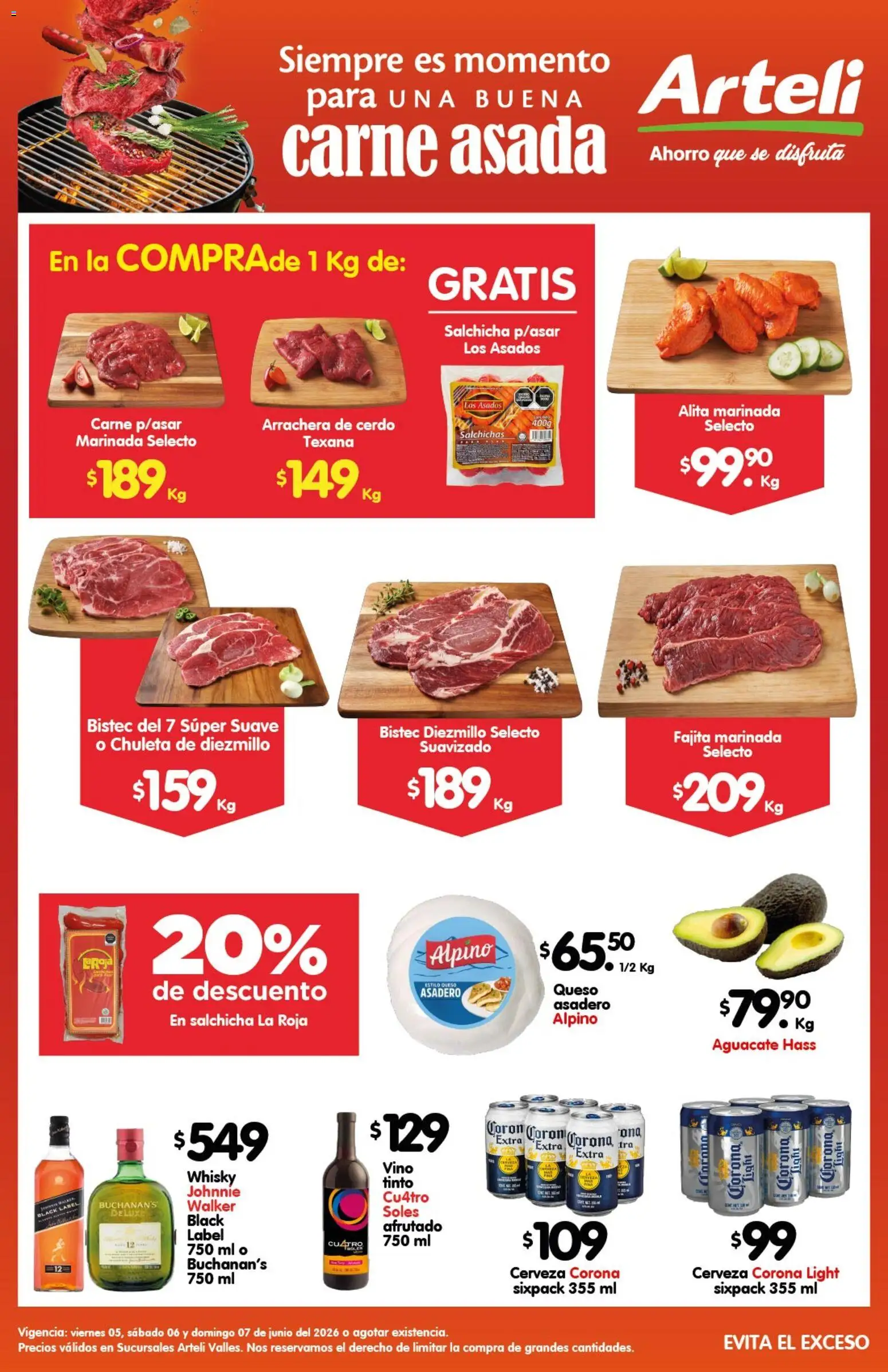 Nuevas ofertas de Arteli válidas en toda la República Mexicana desde el 05/06/2026. ¡Encuentra las mejores ofertas en Arteli folleto Carne Valles! | Página: 1 | Productos: Salchicha, Aguacate, Cerveza, Whisky