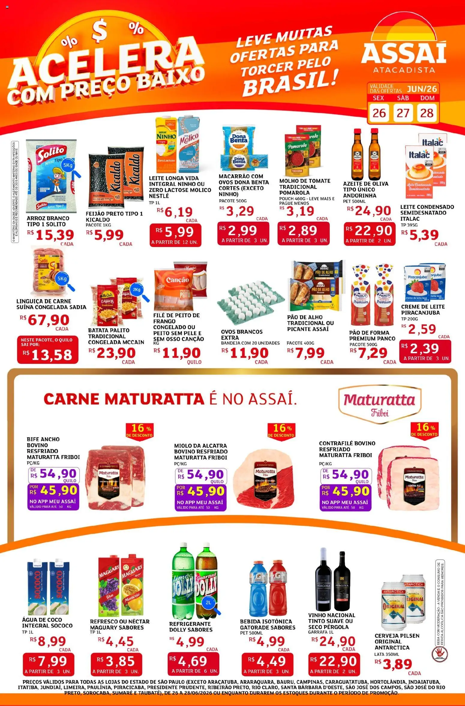 Assaí Atacadista Folheto - válido de 26/06/2026 | Página: 1 | Produtos: Água de coco, Linguiça, Pão, Frango