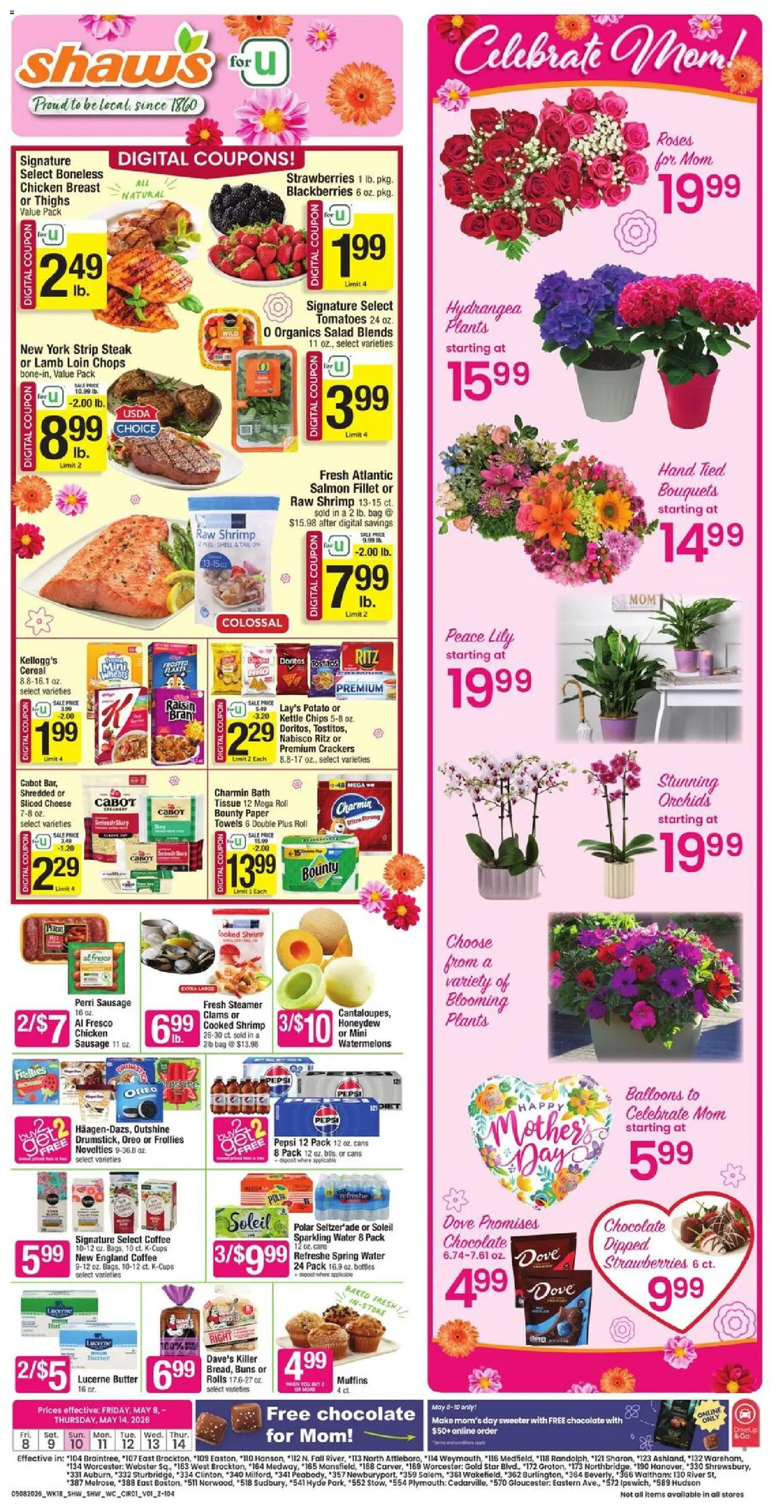 Shaw's Weekly Ad - valid from 08.05.2026 | Page: 1 | Products: Chocolate, Strawberries, Chips, Steamer
