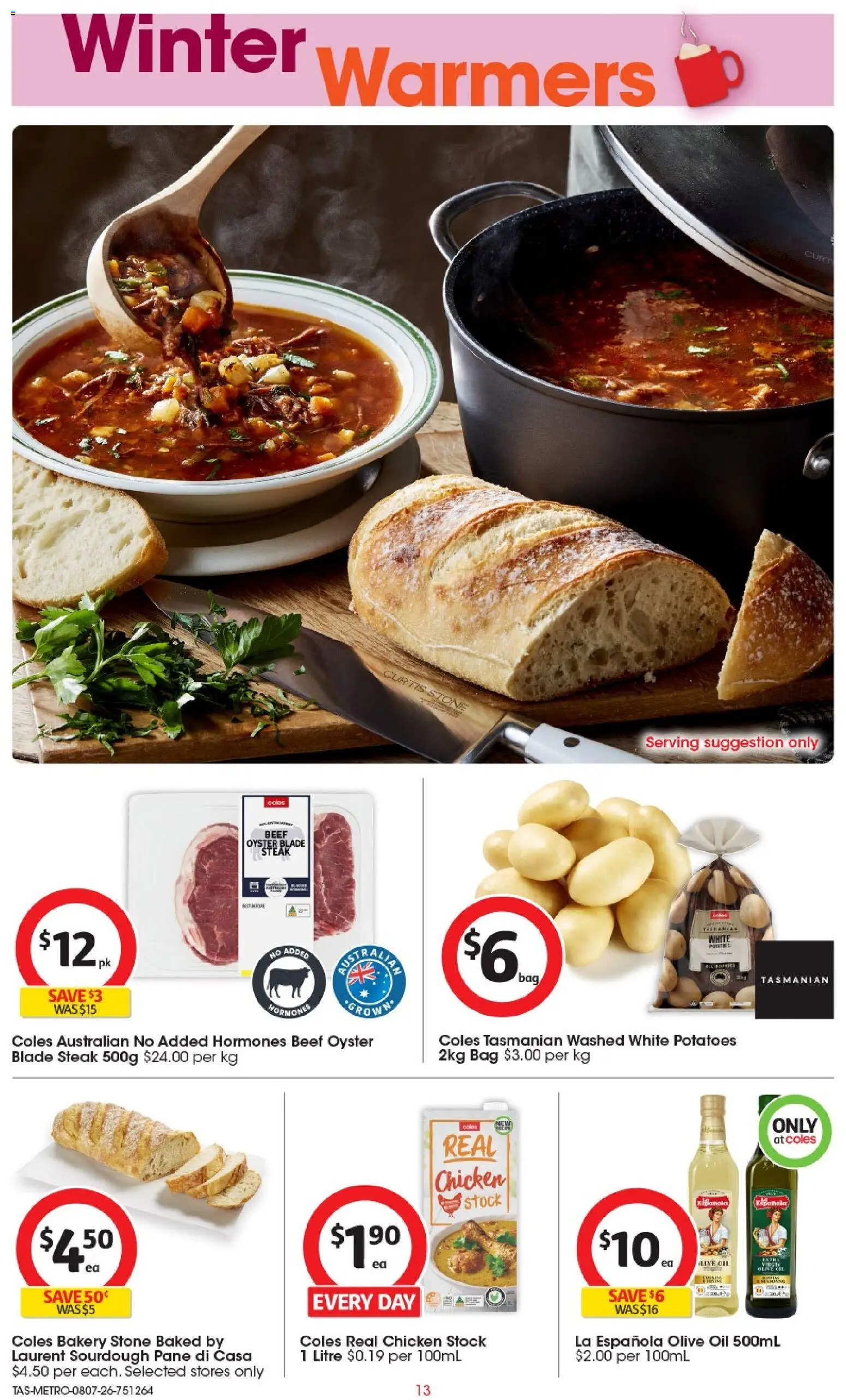 Coles catalogue - valid from 08/07/2026 | Page: 13 | Products: Chicken, Olive oil, Potatoes, Steak