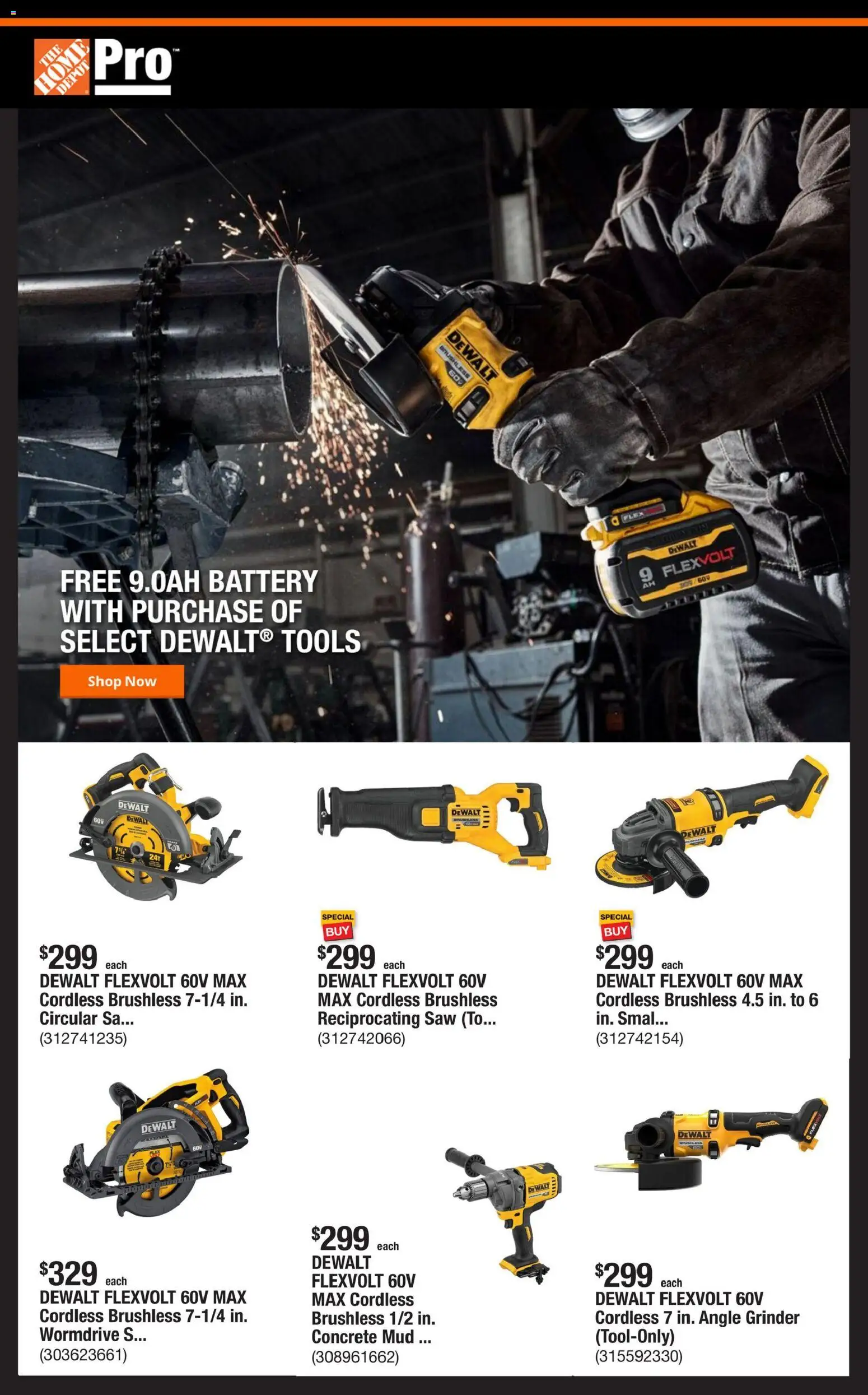 Home Depot Shop Pro Ad - valid from 08/03/2026 | Page: 1 | Products: Saw, Battery, Angle Grinder, Reciprocating Saw