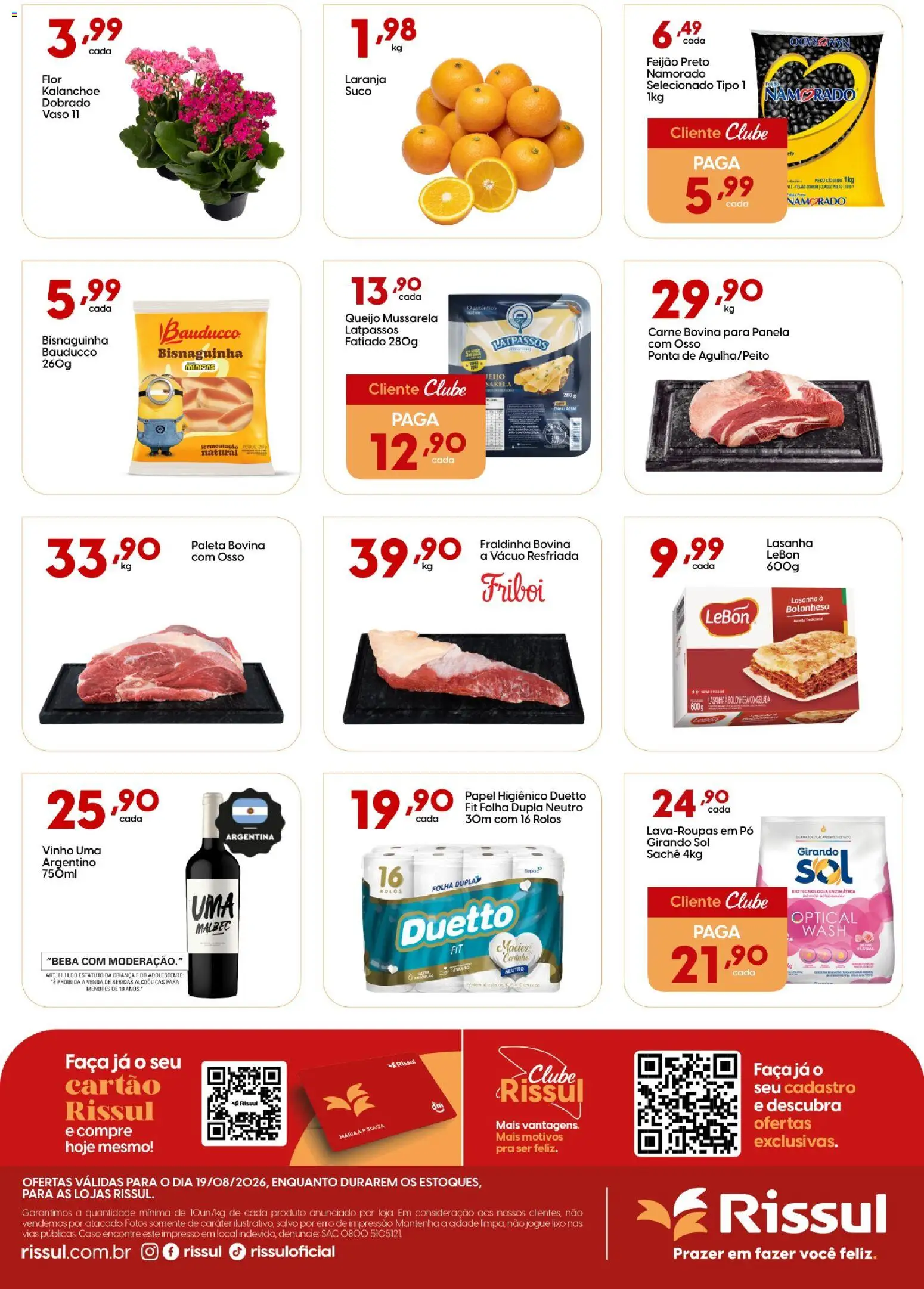 Rissul Folheto - válido de 19/08/2026 | Página: 3 | Produtos: Feijão, Carne bovina, Carne, Mussarela