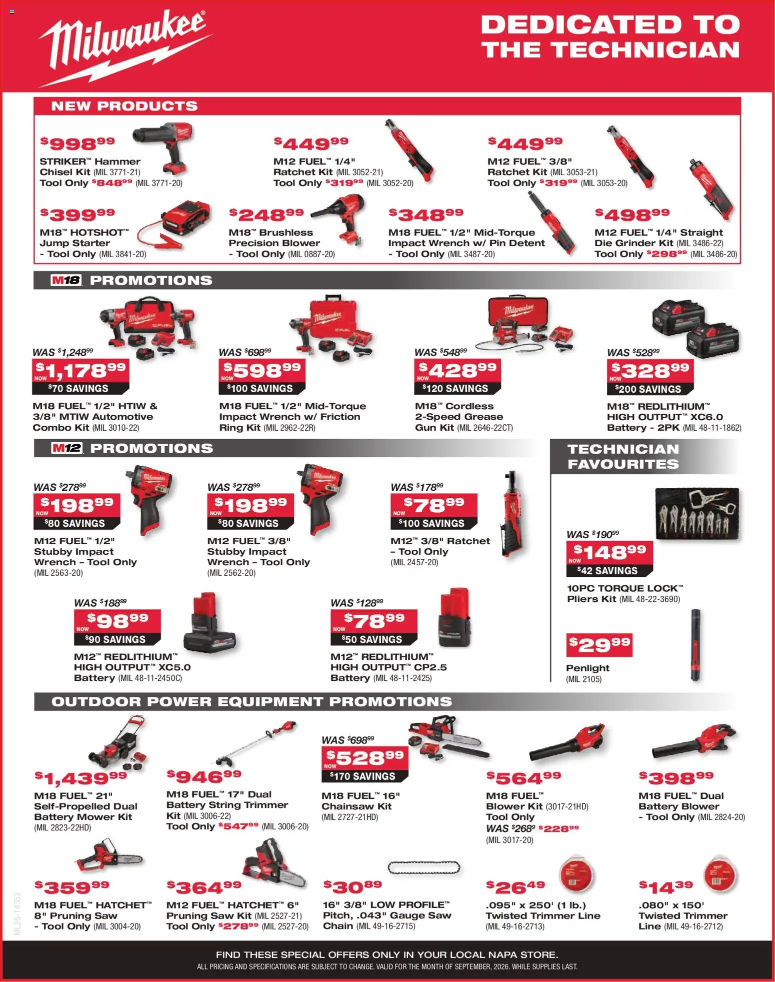 NAPA Auto Parts flyer valid from Sep 1, 2026 | Page: 5 | Products: Grinder, Battery string trimmer, Chainsaw, Battery