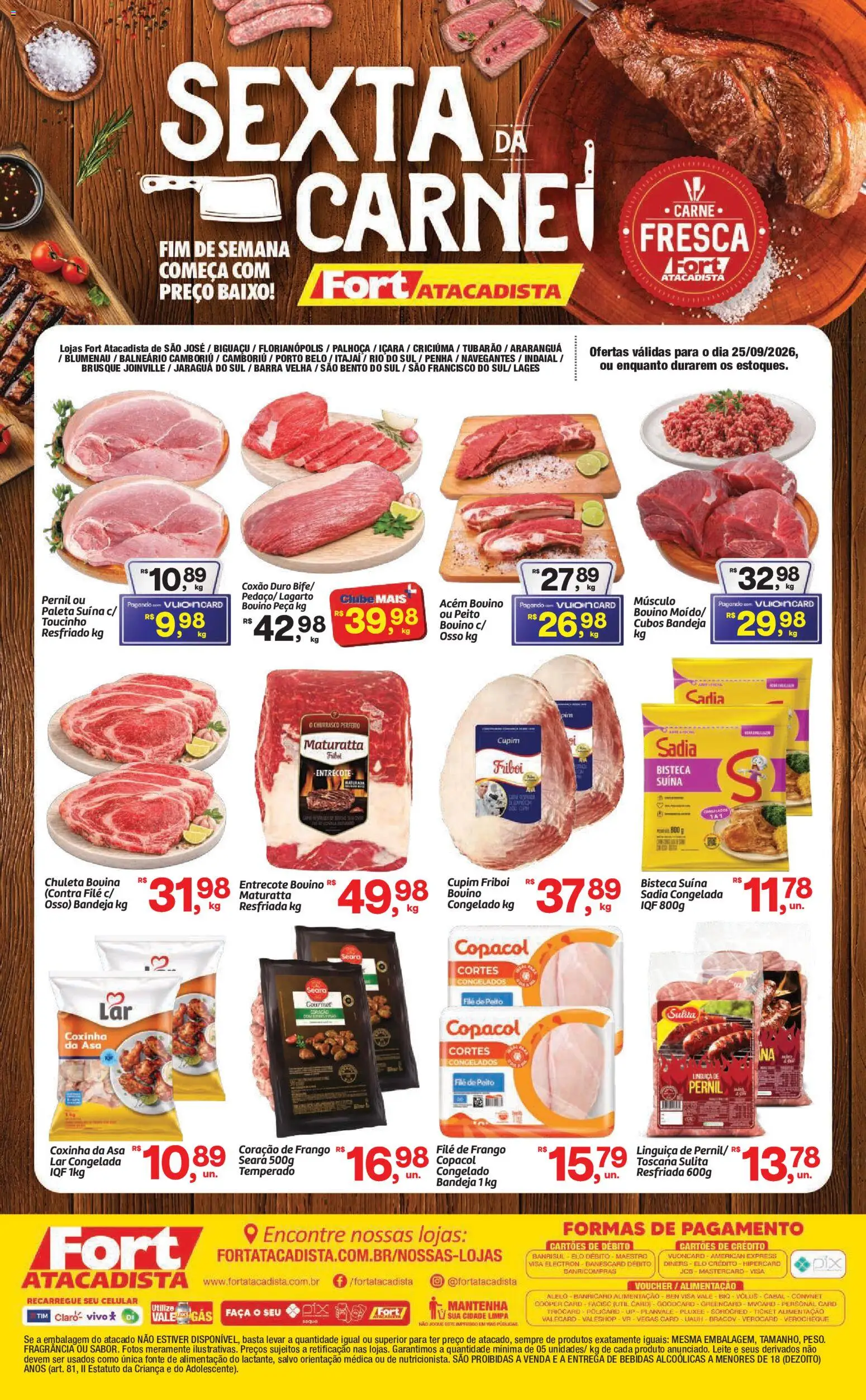 Fort Atacadista Folheto - válido de 25/09/2026 | Página: 1 | Produtos: Linguiça, Acém, Filé de frango, Leite