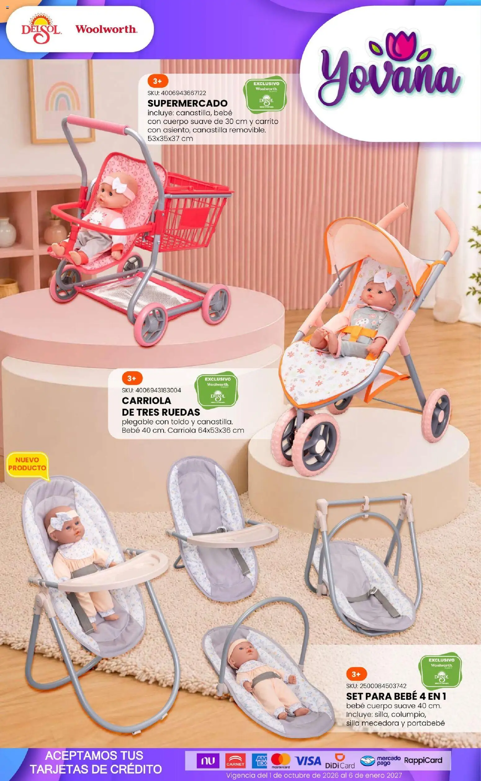 Nuevas ofertas de Del Sol y Woolworth válidas en toda la República Mexicana desde el 01/10/2026. ¡Encuentra las mejores ofertas en Del Sol y Woolworth catálogo El Castillo del Juguete! | Página: 32 | Productos: Carriola, Toldo, Silla