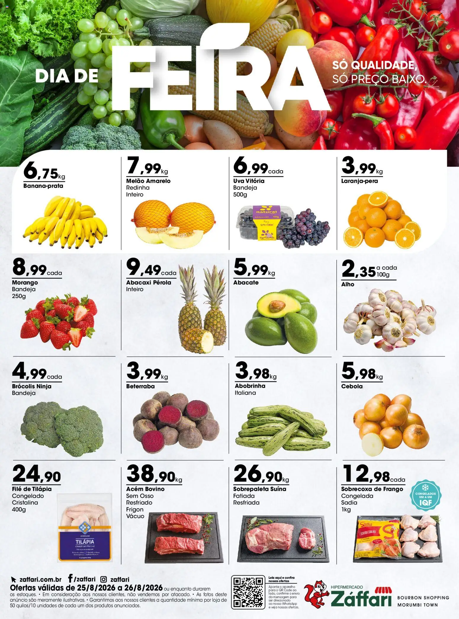 Zaffari Folheto - válido de 25/08/2026 | Página: 1 | Produtos: Melão, Abacaxi, Bourbon, Brócolis
