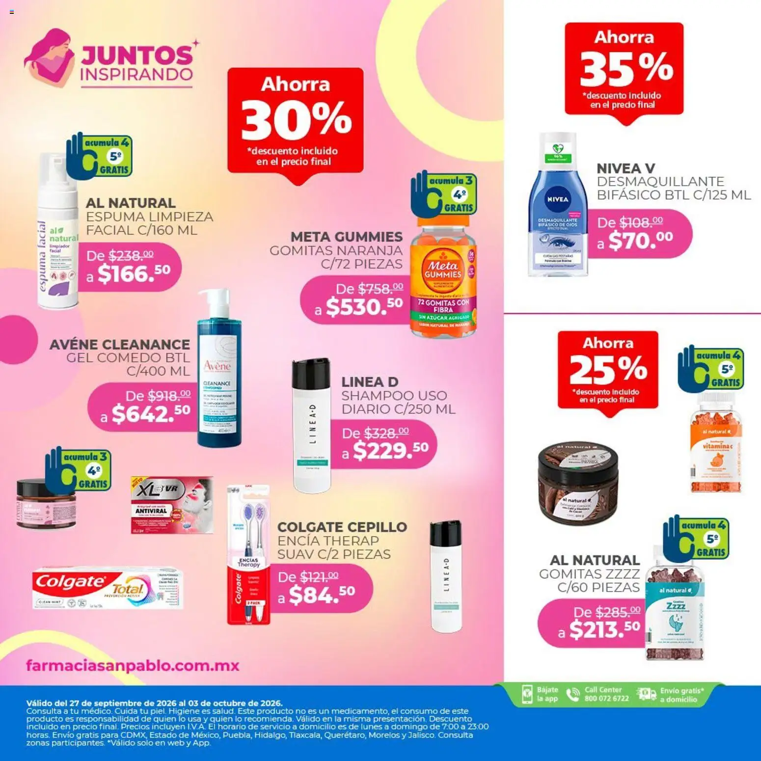 Nuevas ofertas de Farmacia San Pablo válidas en toda la República Mexicana desde el 27/09/2026. ¡Encuentra las mejores ofertas en Farmacia San Pablo catálogo Juntos inspirando! | Página: 1 | Productos: Espuma, Shampoo, Limpiador facial, Gomitas