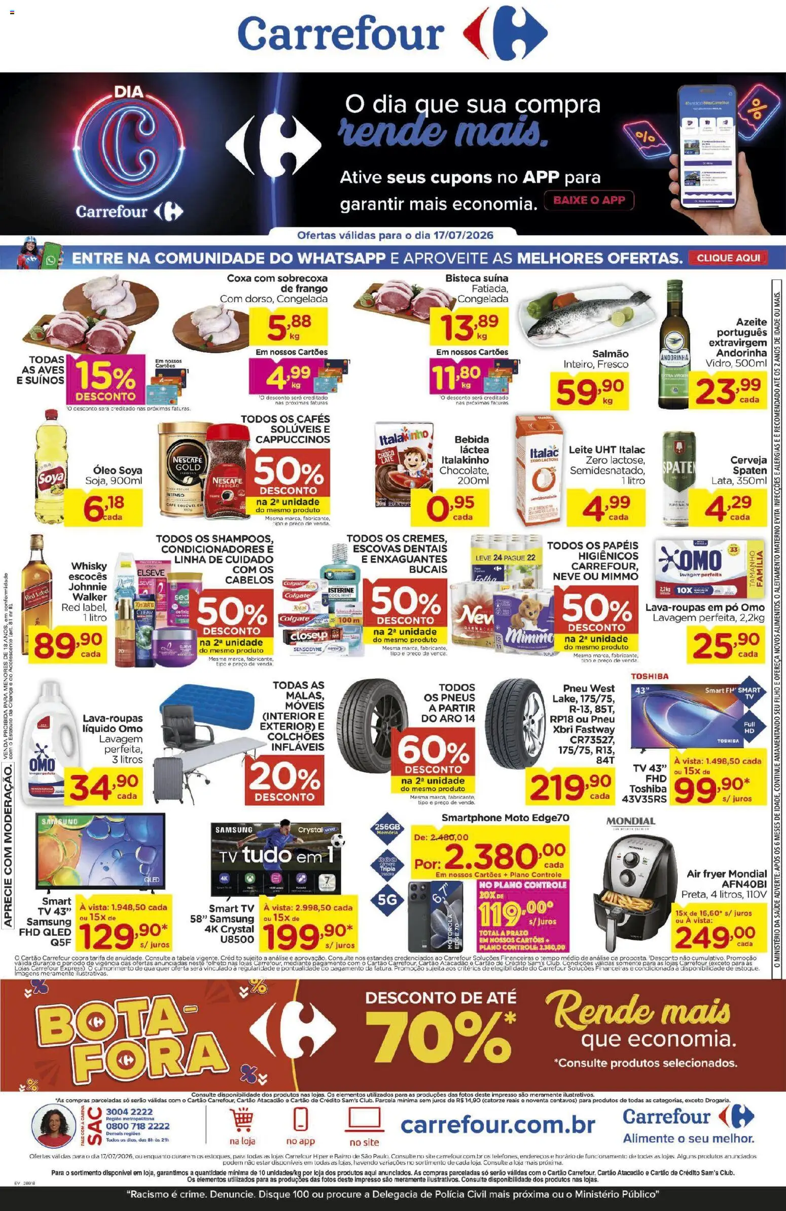 Carrefour Folheto - válido de 17/07/2026 | Página: 1 | Produtos: Pneu, smart TV, Air fryer, Bebida