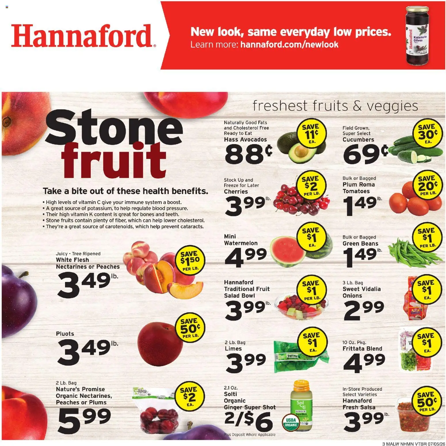 Hannaford Weekly Ad - valid from 07/05/2026 | Page: 3 | Products: Plum, Peaches, Tomatoes, Cucumbers