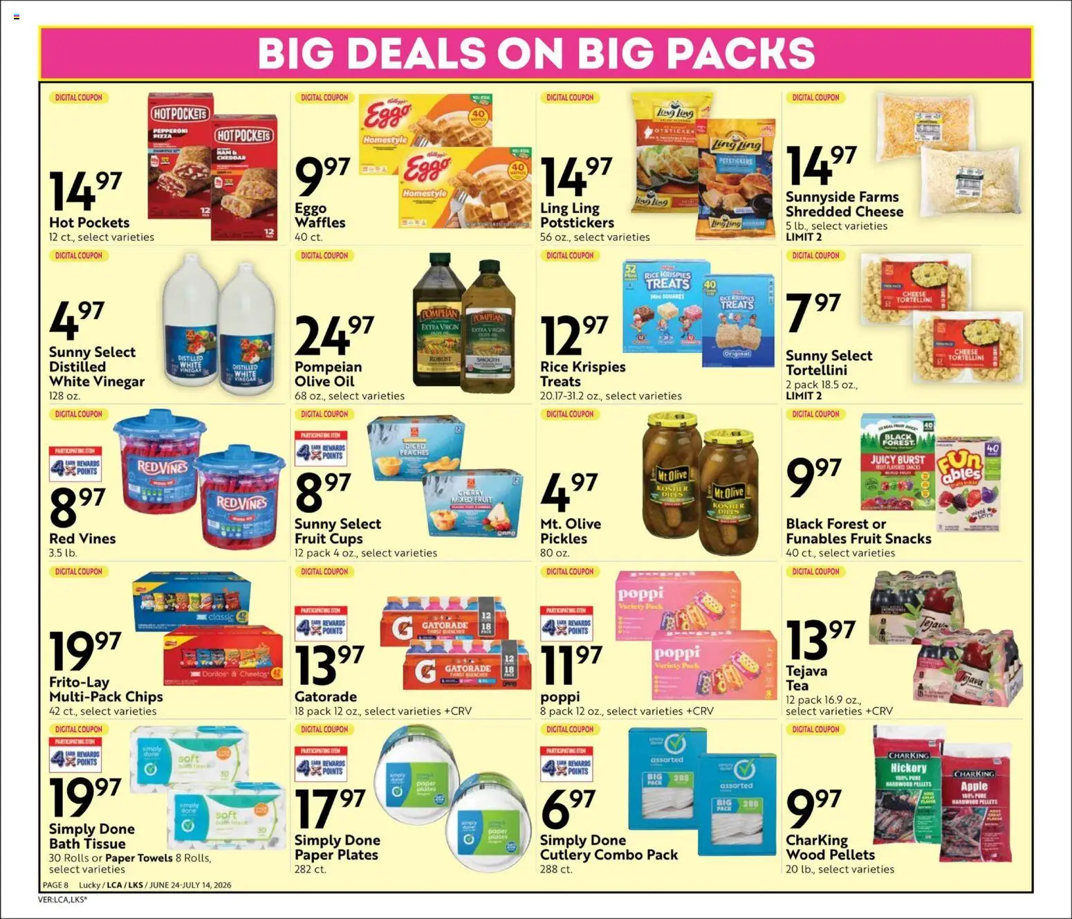 Lucky Supermarkets Big Book of Savings - valid from 06/24/2026 | Page: 8 | Products: Peaches, Bath, Cheese, Chips