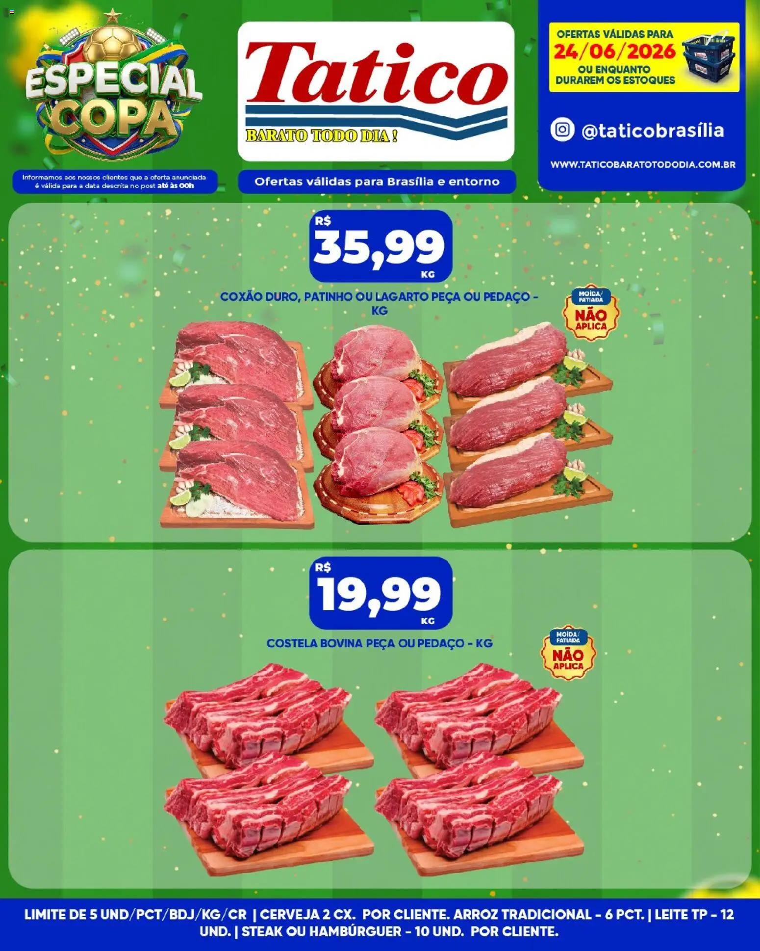 Tatico Folheto - válido de 24/06/2026 | Página: 12 | Produtos: Leite, Copa, Arroz, Hambúrguer