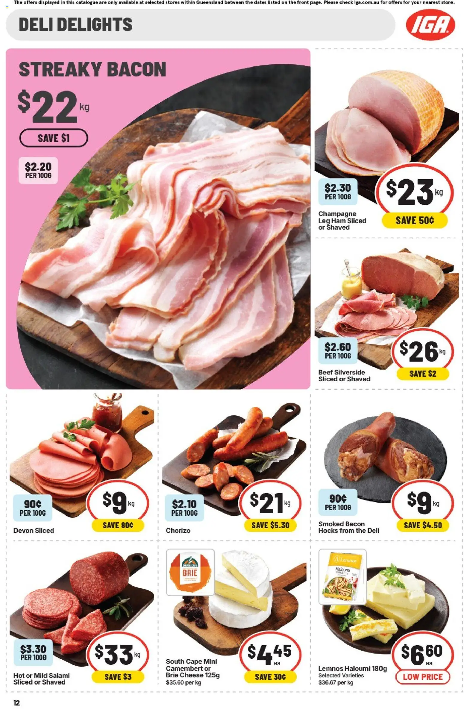 IGA catalogue - valid from 29/07/2026 | Page: 12 | Products: Bacon, Cheese, Salami, Beef