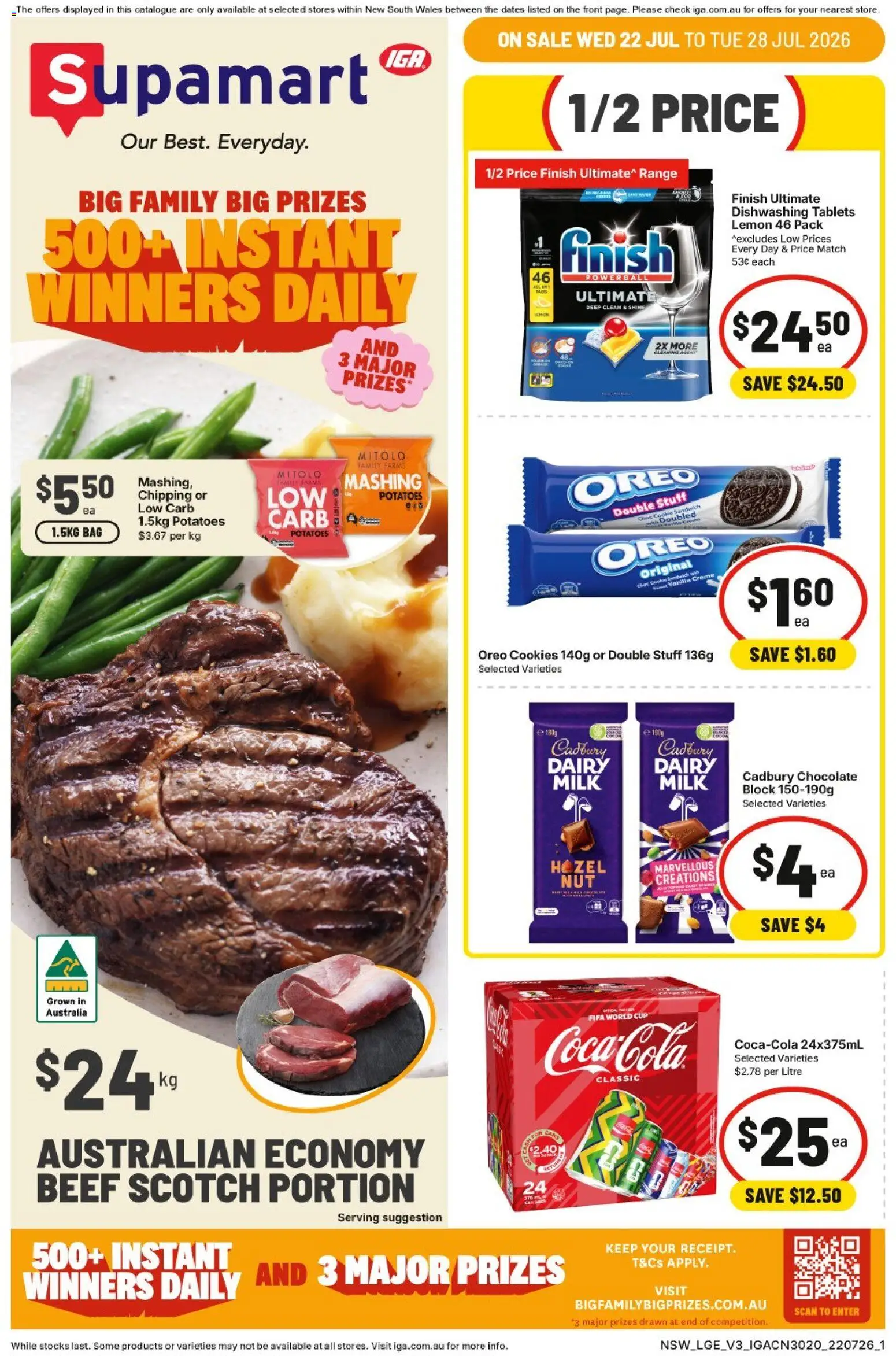 IGA catalogue - valid from 22/07/2026 | Page: 1 | Products: Milk, Beef, Lemon, Tablets