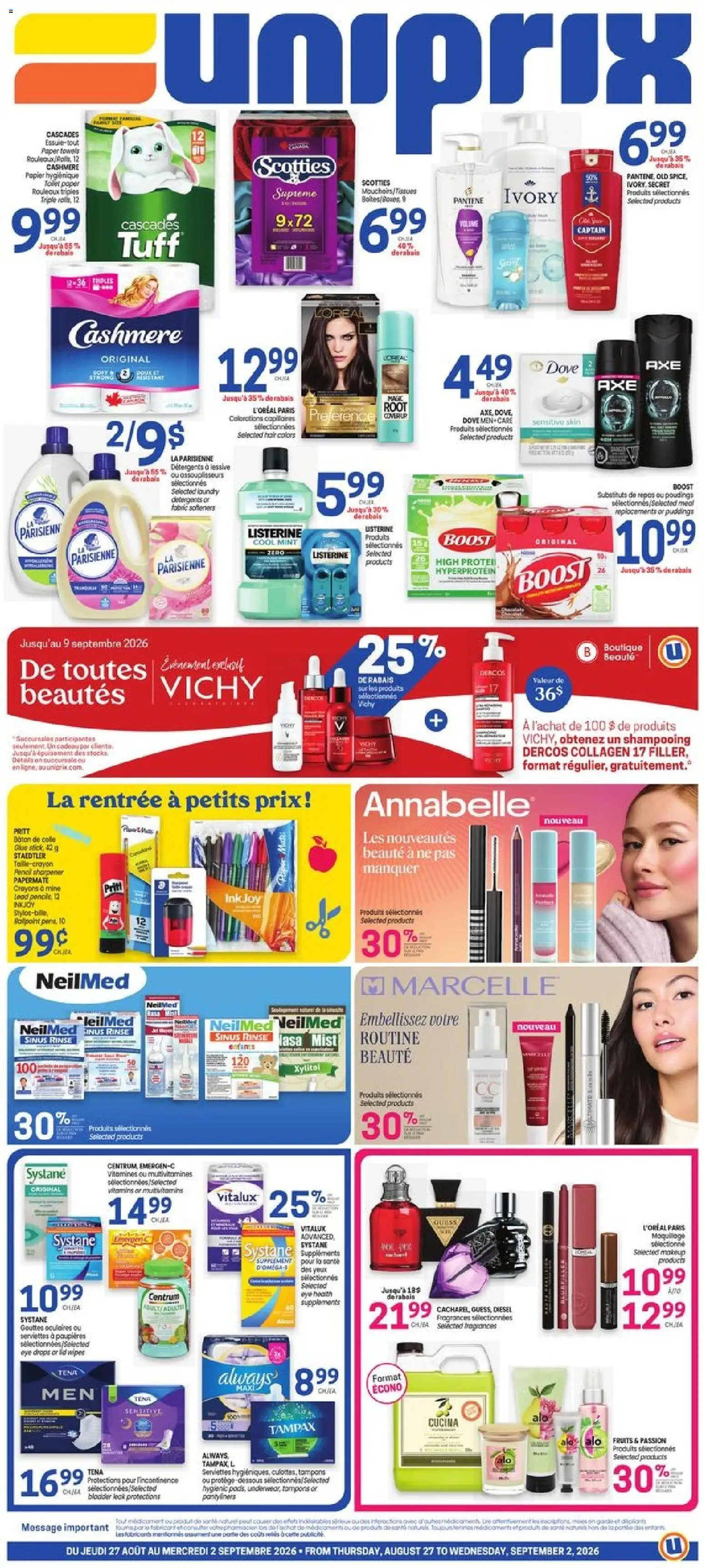 Uniprix flyer valid from Aug 27, 2026 | Page: 1 | Products: Paper towels, Pencil sharpener, Towels, Protein