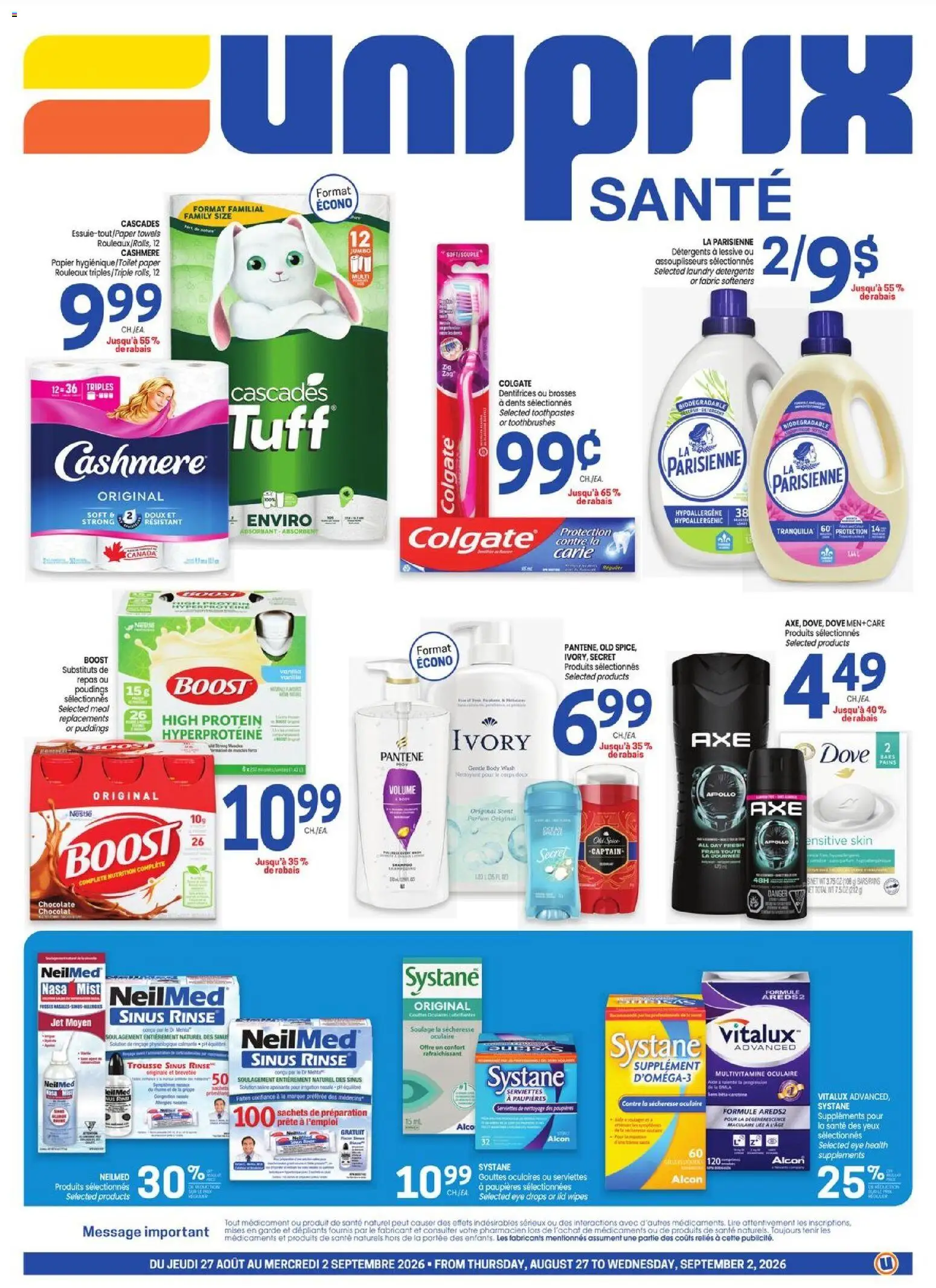 Uniprix flyer valid from Aug 27, 2026 | Page: 1 | Products: Eye drops, Body wash, Sachets, Protein