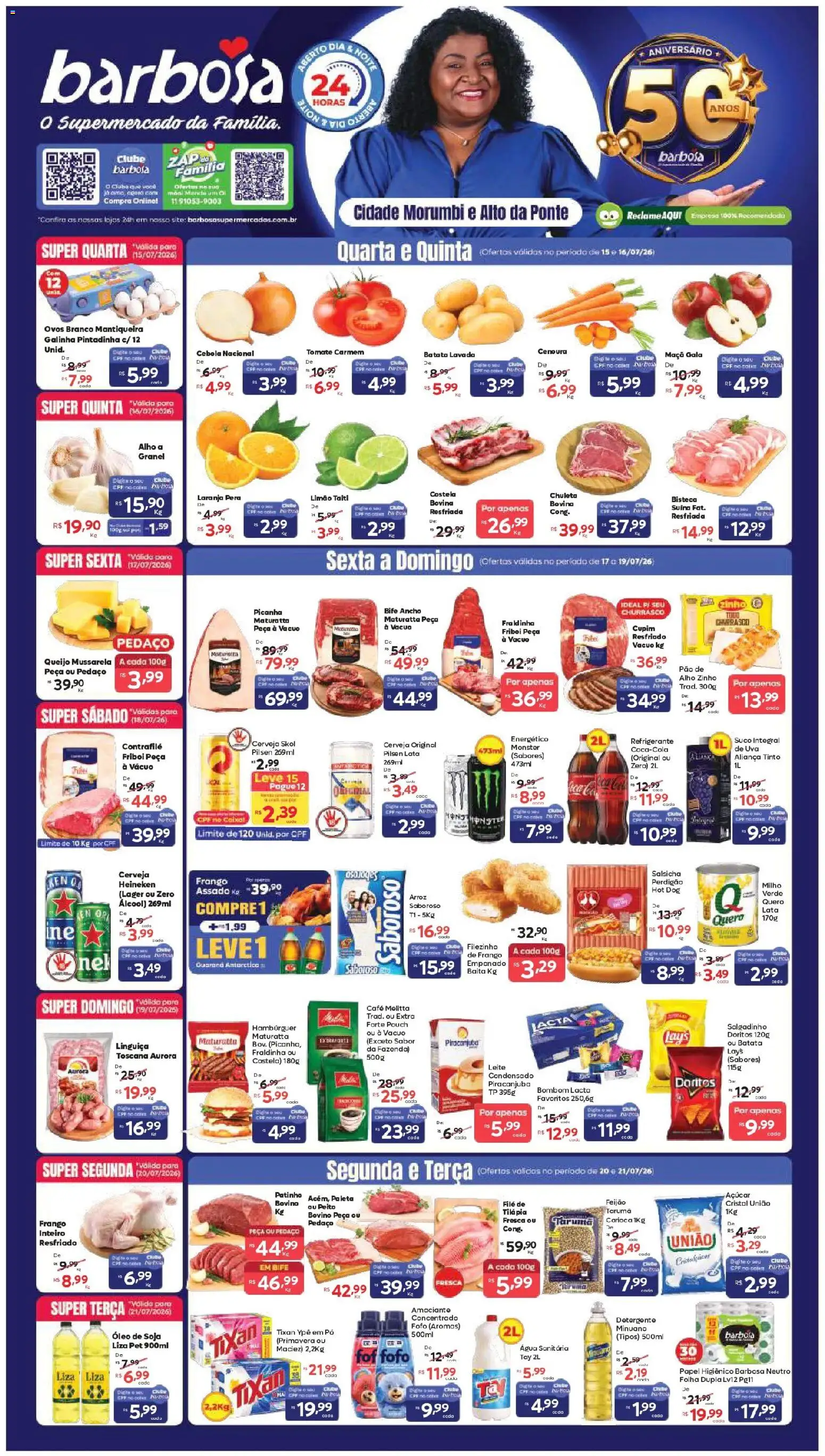 Barbosa Supermercados Folheto - válido de 15/07/2026 | Página: 1 | Produtos: Energético, Linguiça, Fraldinha, Leite
