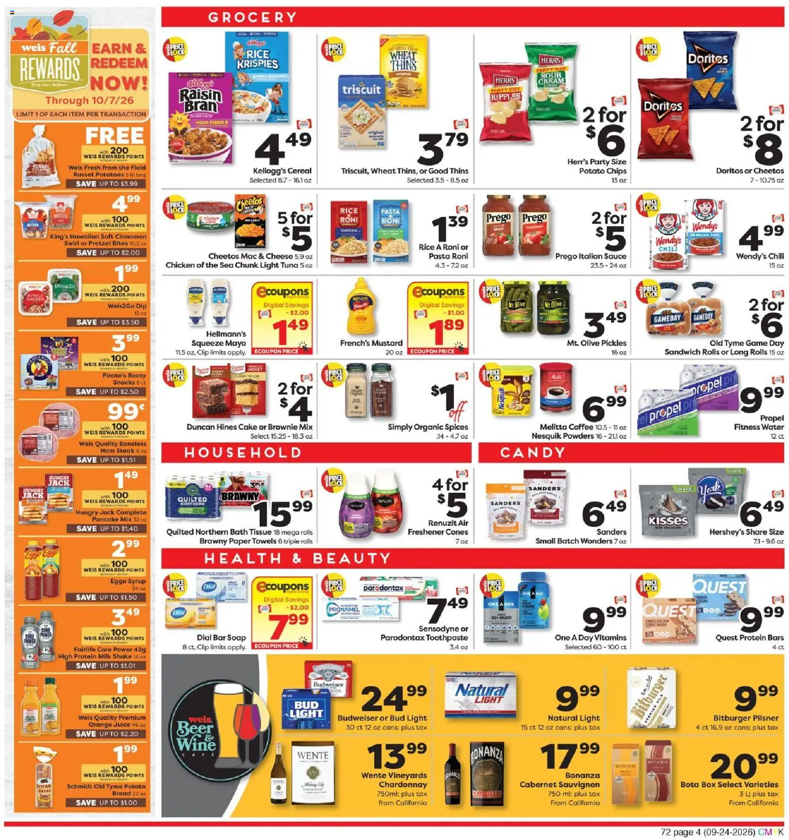 Weis Weekly Ad - valid from 09/24/2026 | Page: 4 | Products: Syrup, Wine, Paper towels, Beans