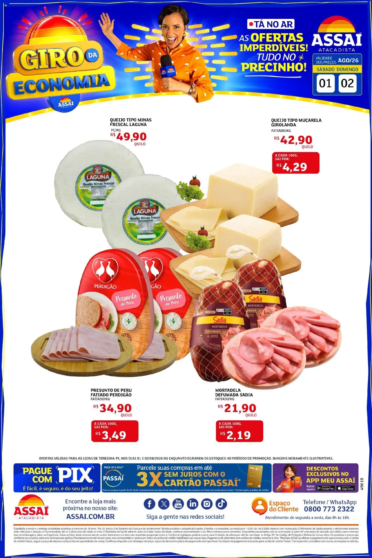 Assaí Atacadista Folheto - válido de 01/08/2026 | Página: 1 | Produtos: Queijo, Presunto, Pneus, Telefone