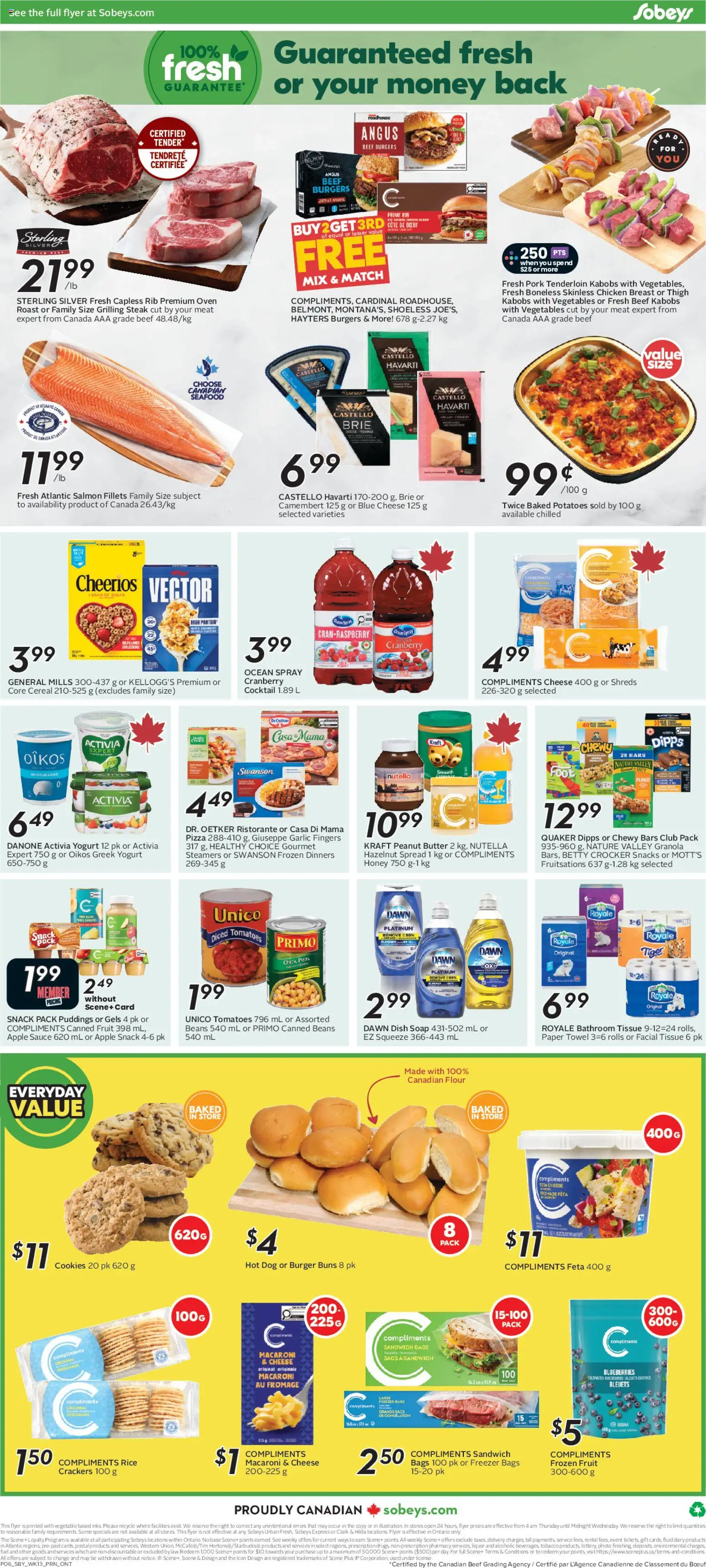Sobeys flyer valid from Jul 23, 2026 | Page: 4 | Products: Fruit, Burgers, Peanut butter, Chicken breast
