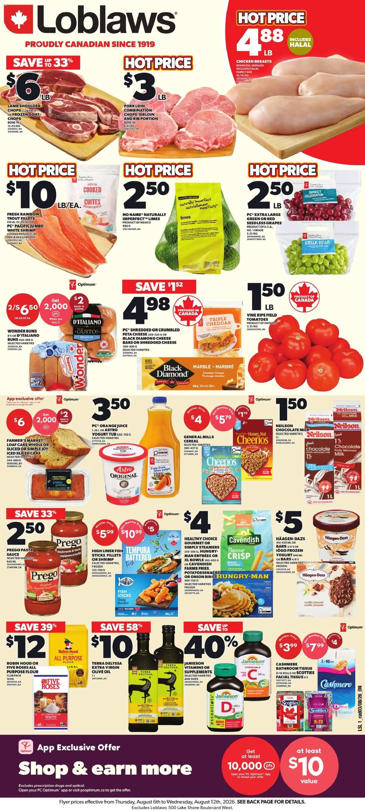 Loblaws flyer valid from Aug 6, 2026 | Page: 1 | Products: Fish, Yogurt, Oil, Tomatoes