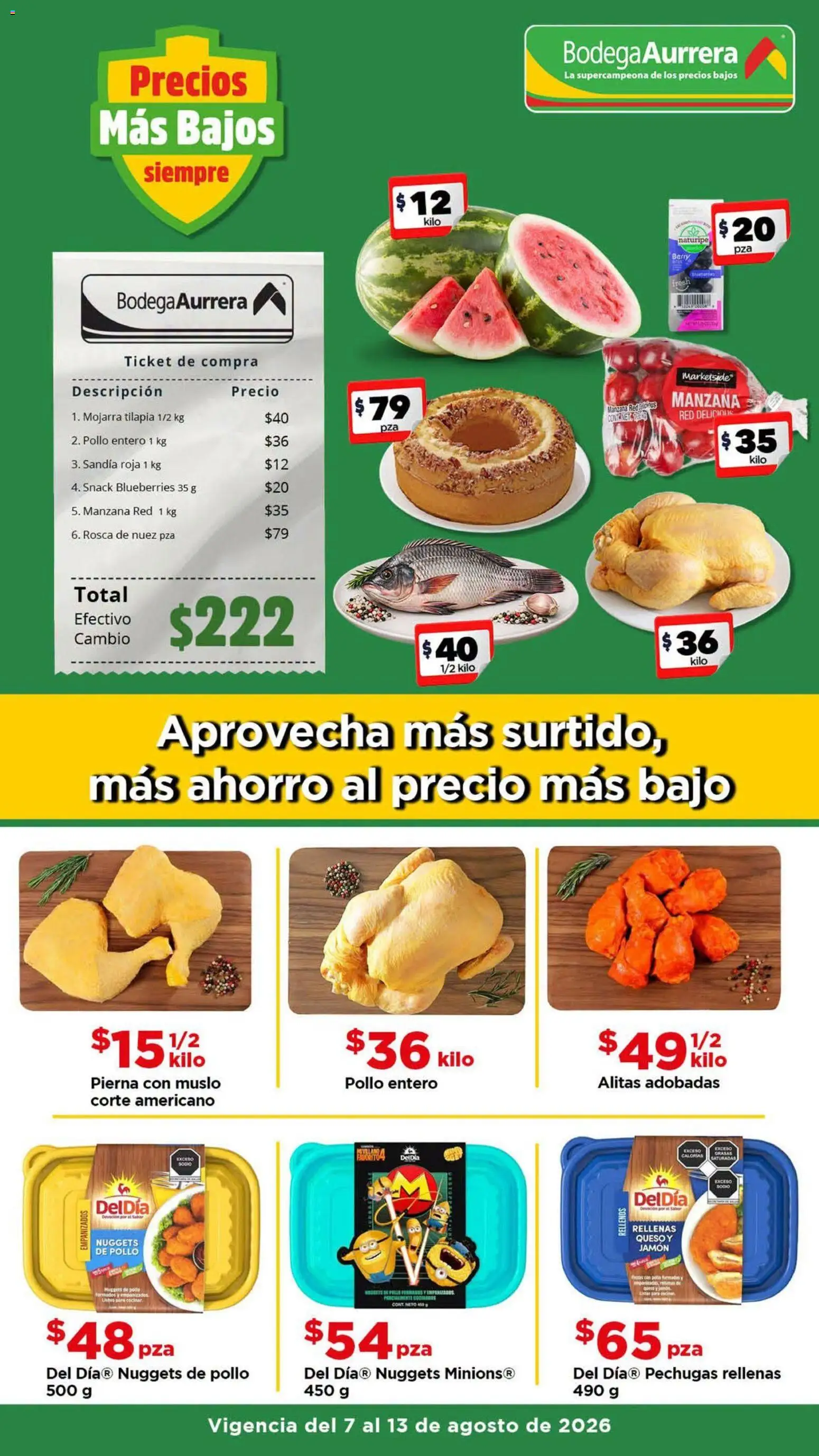 Nuevas ofertas de Bodega Aurrerá válidas en toda la República Mexicana desde el 07/08/2026. ¡Encuentra las mejores ofertas en Bodega Aurrerá folleto Aprovecha más surtido! | Página: 1 | Productos: Sandía, Manzana, Jamón, Tilapia