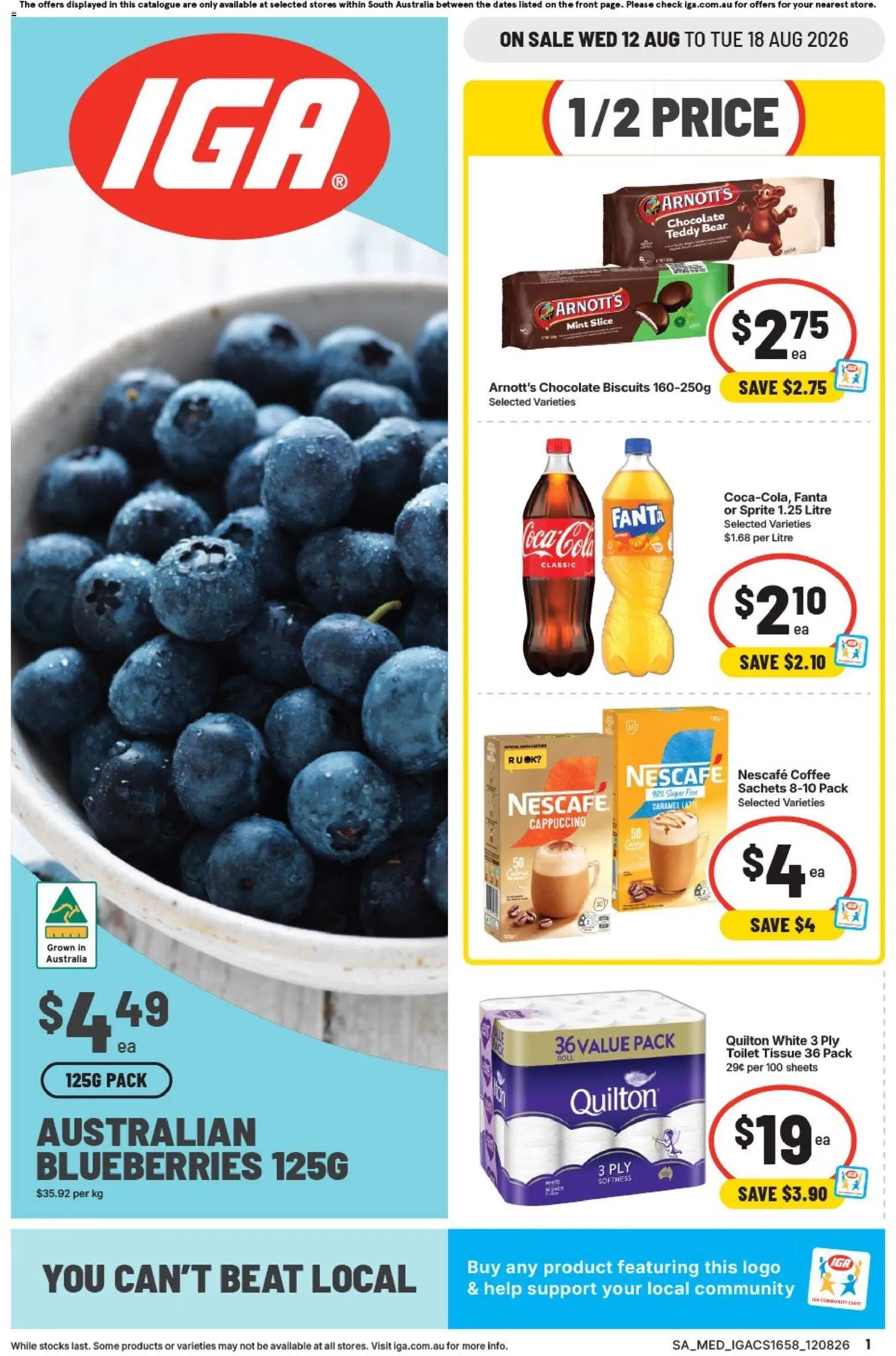 IGA catalogue - valid from 12/08/2026 | Page: 1 | Products: Coffee, Biscuits, Blueberries, Nescafe