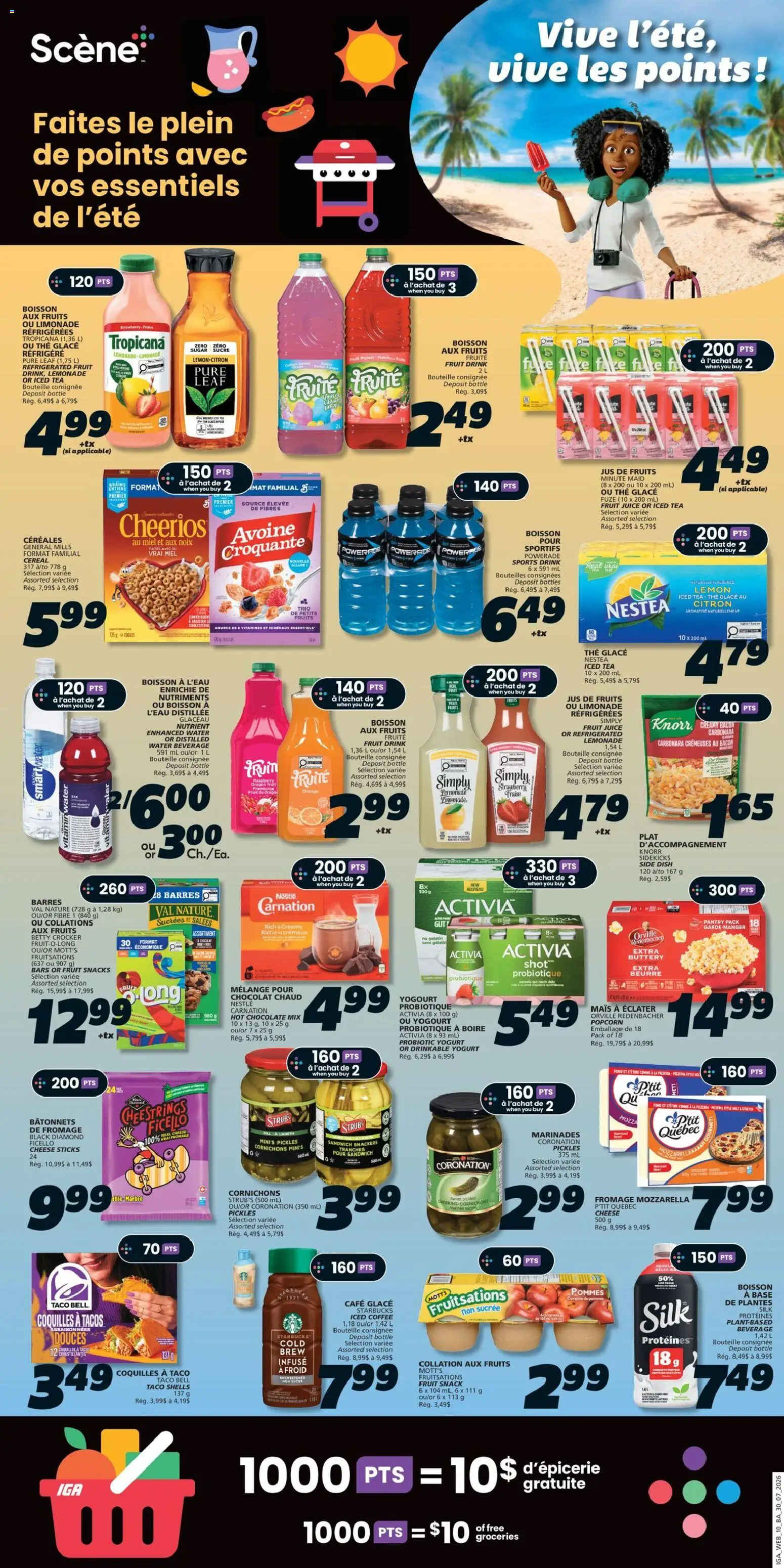 IGA flyer valid from Jul 30, 2026 | Page: 13 | Products: Cheese sticks, Sports drink, Yogurt, Iced coffee