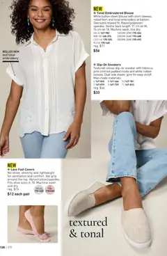 Preview of Tonal Embroidered Blouse, White button-down blouse with short sleeves, rolled hem and tonal embroidery at bottom. Oversized relaxed fit. Rayon/polyester/spandex. Centre back length: 71 cm on M; 74 cm on 1X. Machine wash, line dry. from shop Avon valid from 21.05.2026 | Page: 126