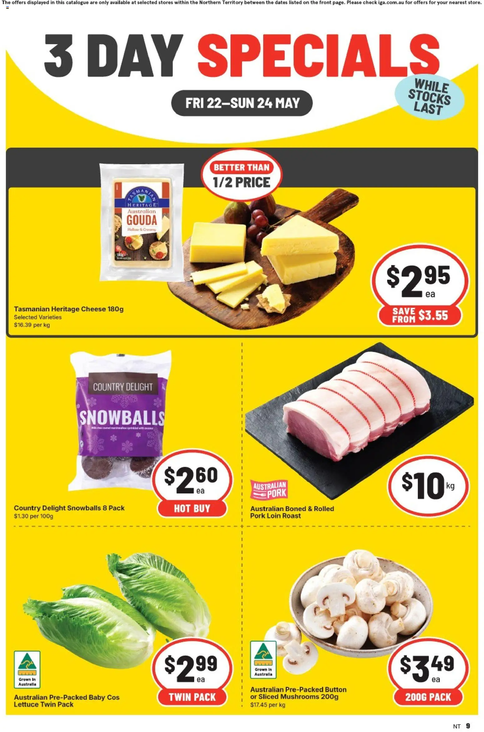 IGA catalogue - valid from 22.05.2026 | Page: 1 | Products: Cheese, Pork, Lettuce, Mushrooms