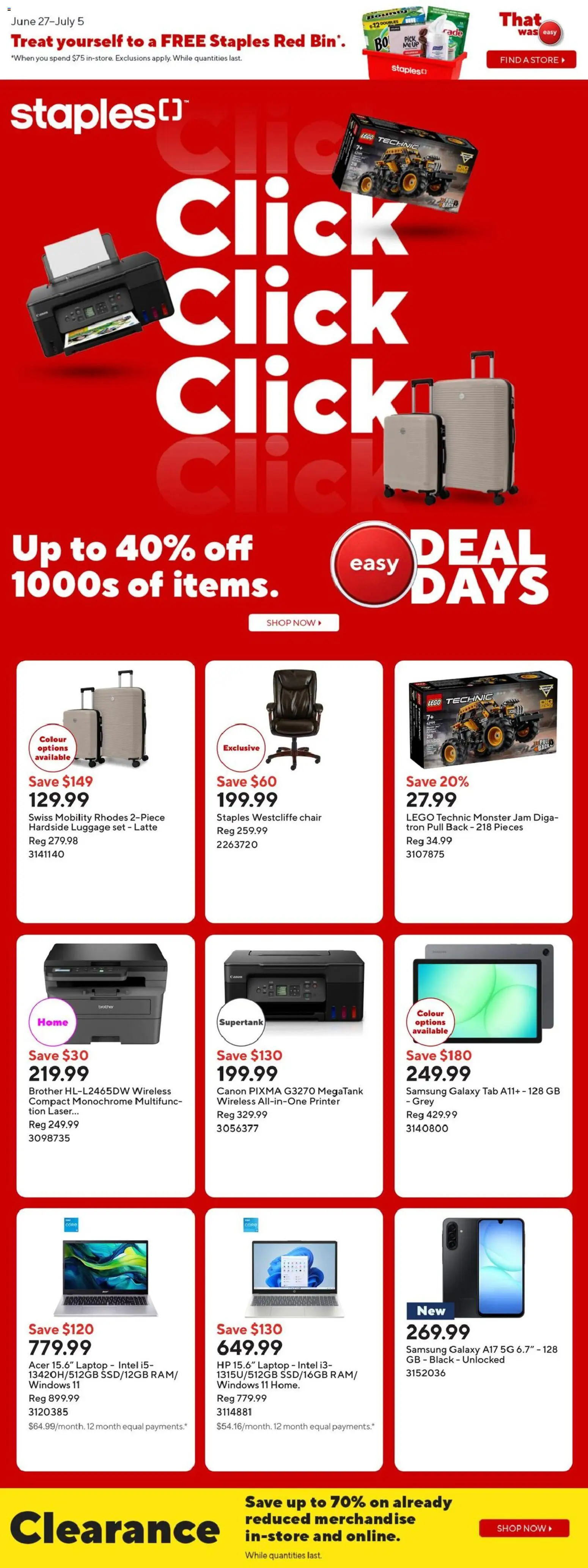 Staples flyer valid from Jun 26, 2026 | Page: 2 | Products: Luggage, Printer, Chair