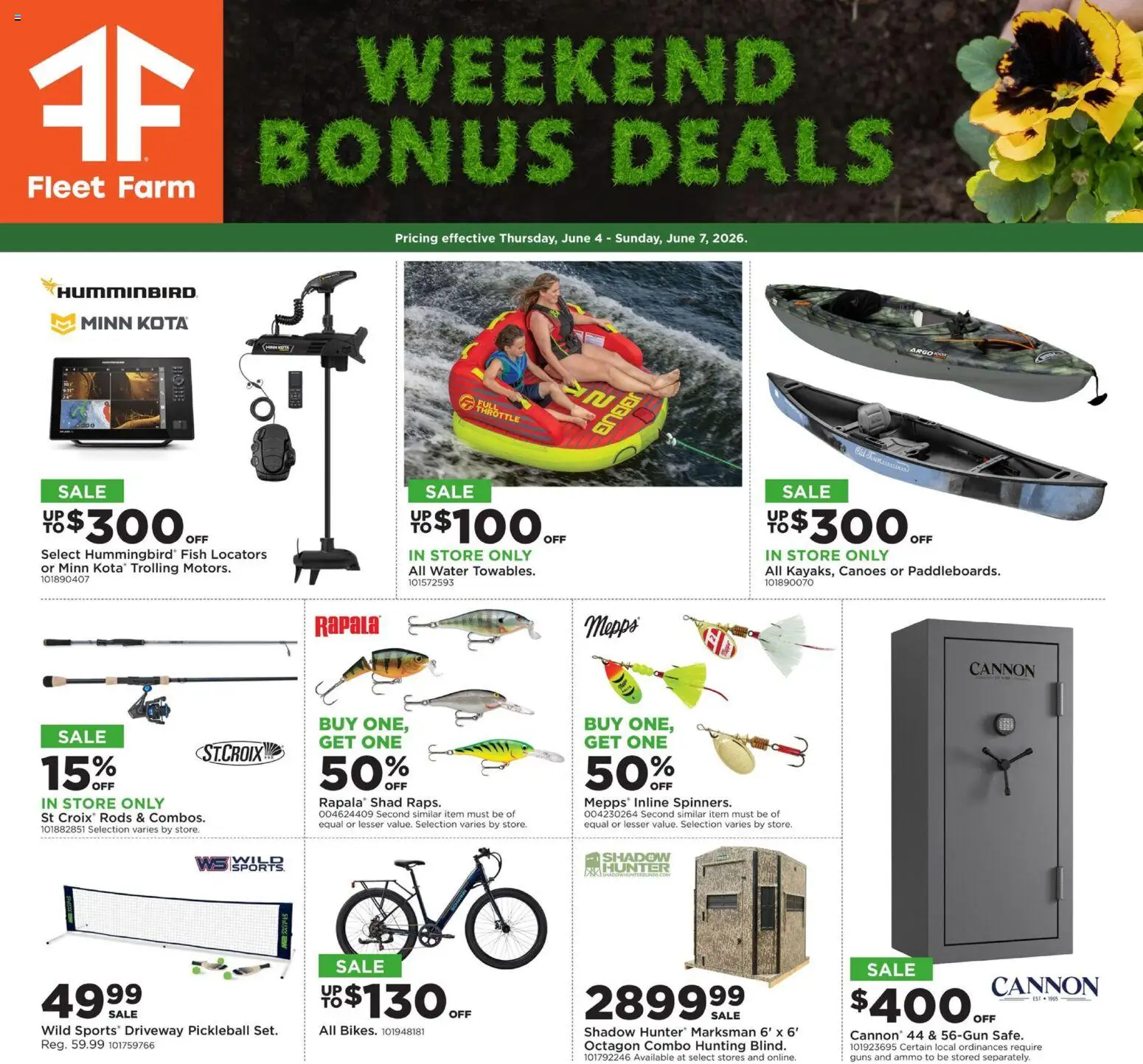 Mills Fleet Farm Weekend Ad - valid from 04.06.2026 | Page: 2 | Products: Fish, Water, Throttle, Ammo