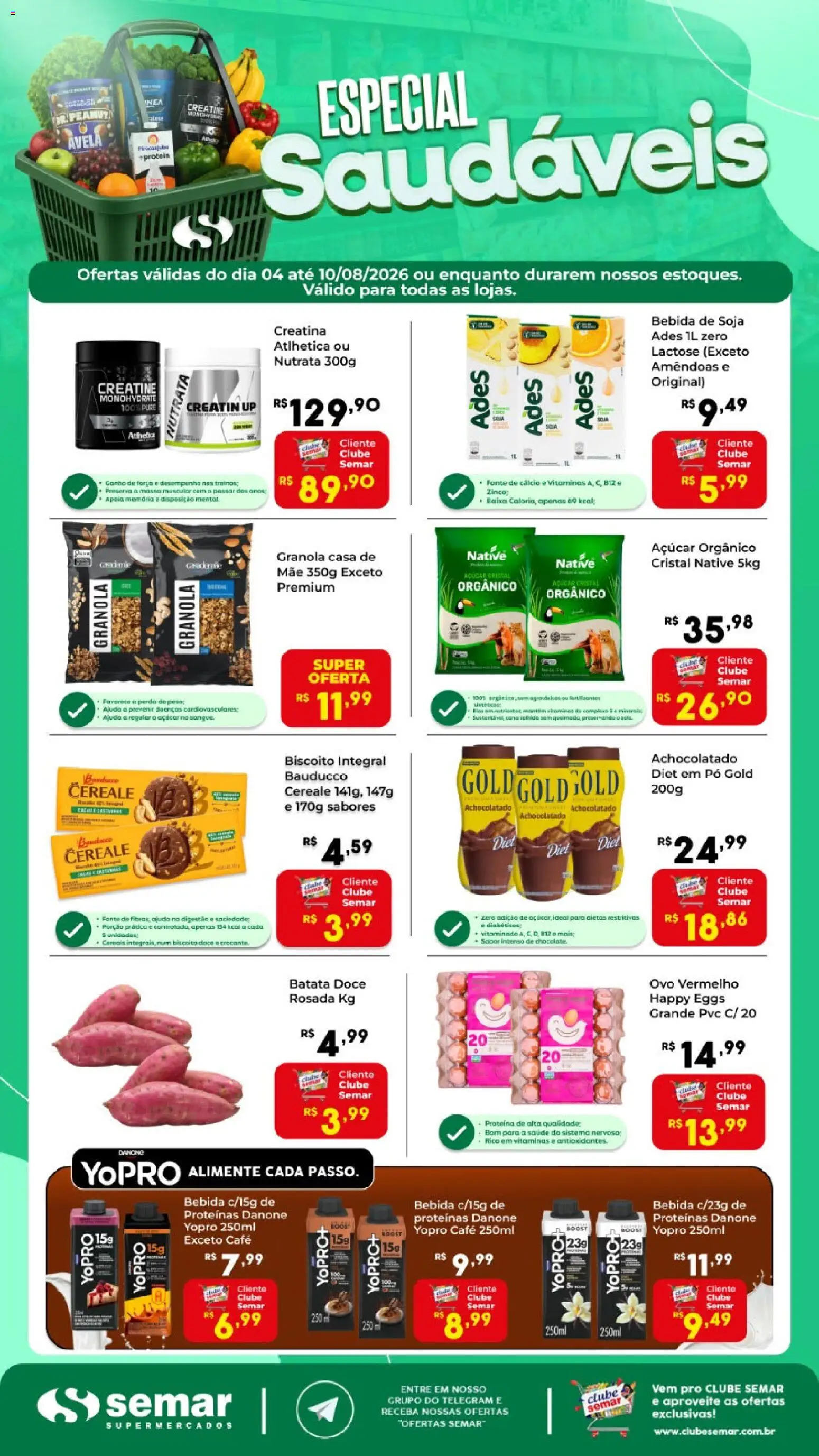 Semar Supermercado Folheto - válido de 04/08/2026 | Página: 1 | Produtos: Creatina, Café, Granola, Açúcar