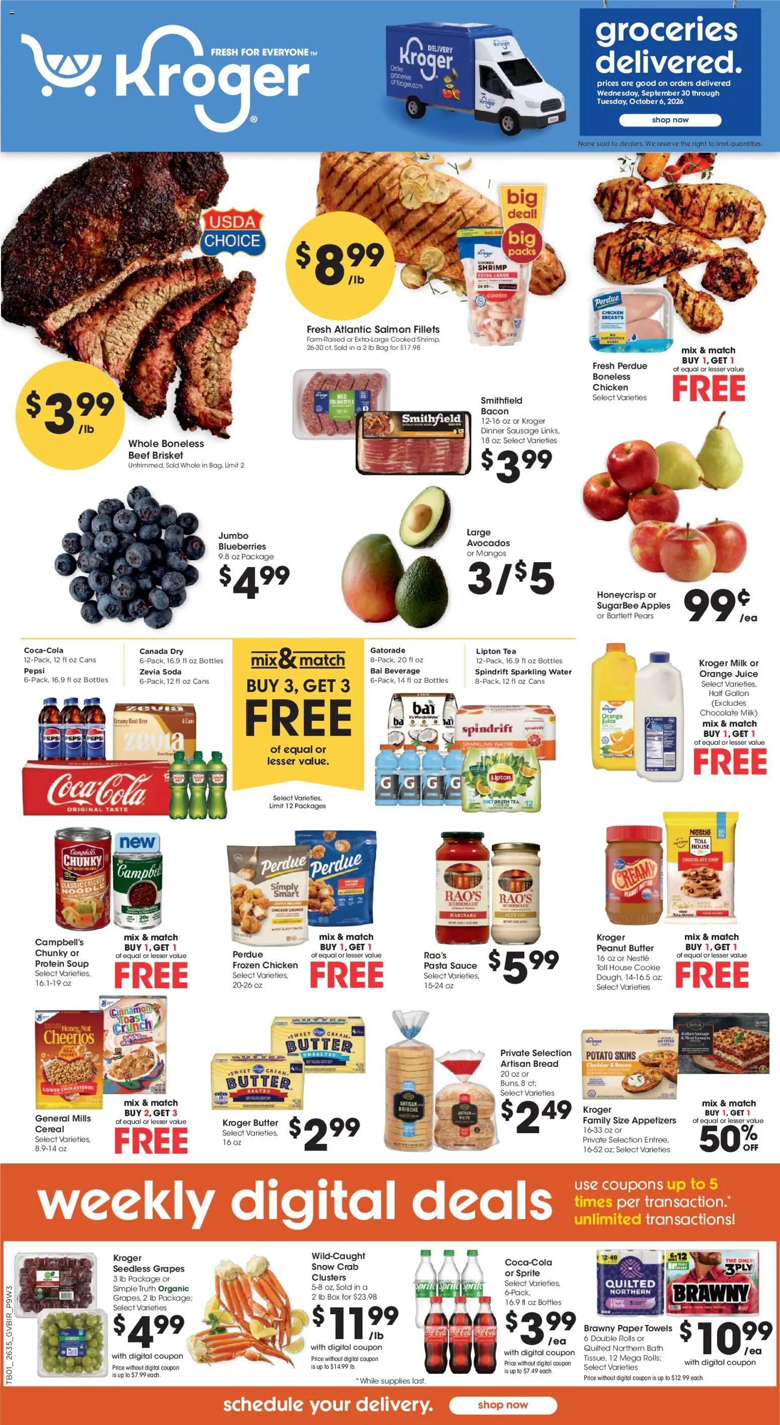 Kroger Ad - valid from 09/30/2026 | Page: 1 | Products: Chicken, Tea, Cereal, Bag