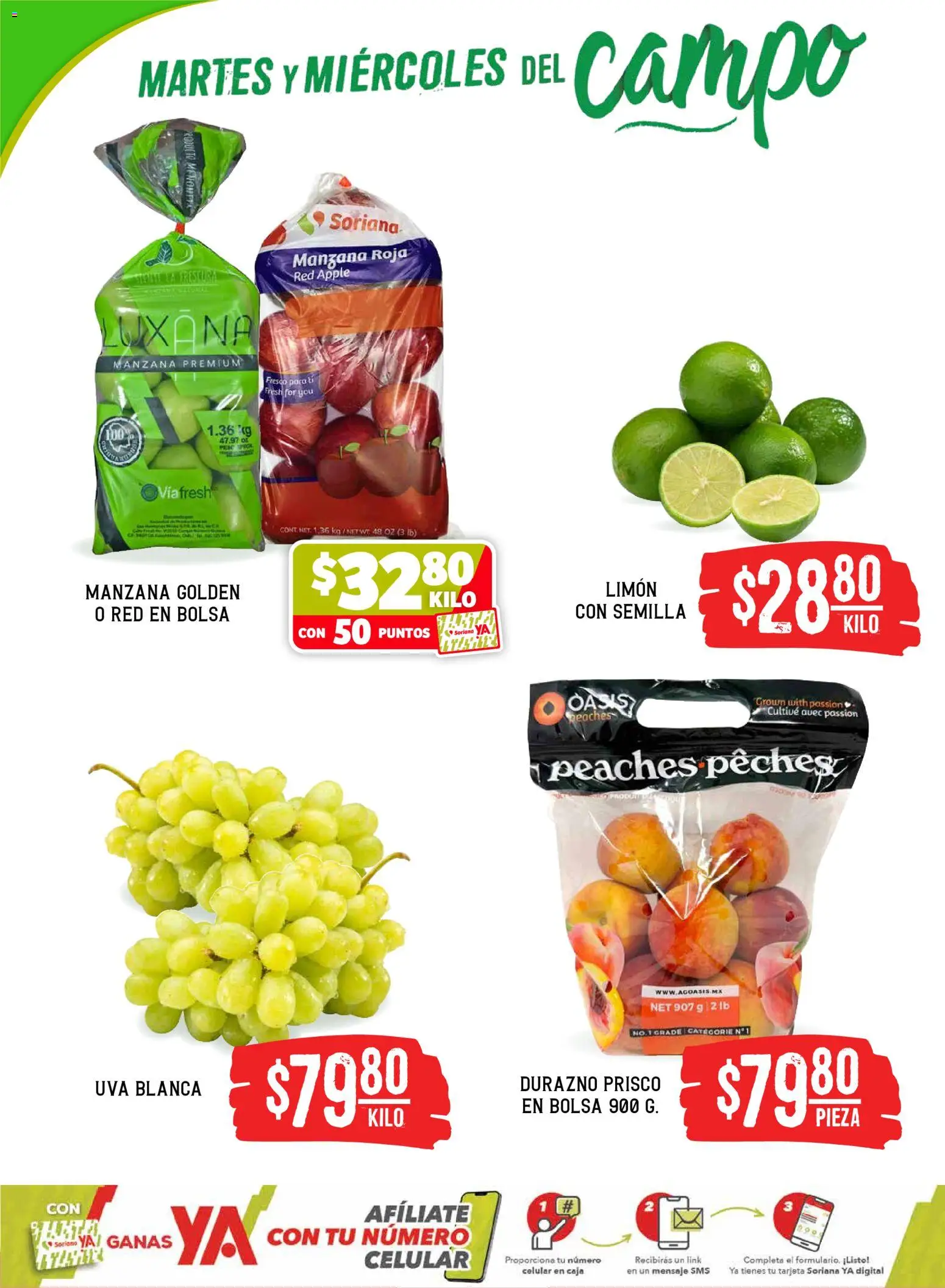 Nuevas ofertas de Soriana válidas en toda la República Mexicana desde el 19.05.2026. ¡Encuentra las mejores ofertas en Soriana Martes y Miércoles del Campo Híper: Ags, Nay, Jal, Qro, Col, Mich, Gto, Hgo, Tlax, Mor, Pue, Gro, Oax, Edo. de Mex, Vall! | Página: 2 | Productos: Durazno, Bolsa, Manzana, Uva