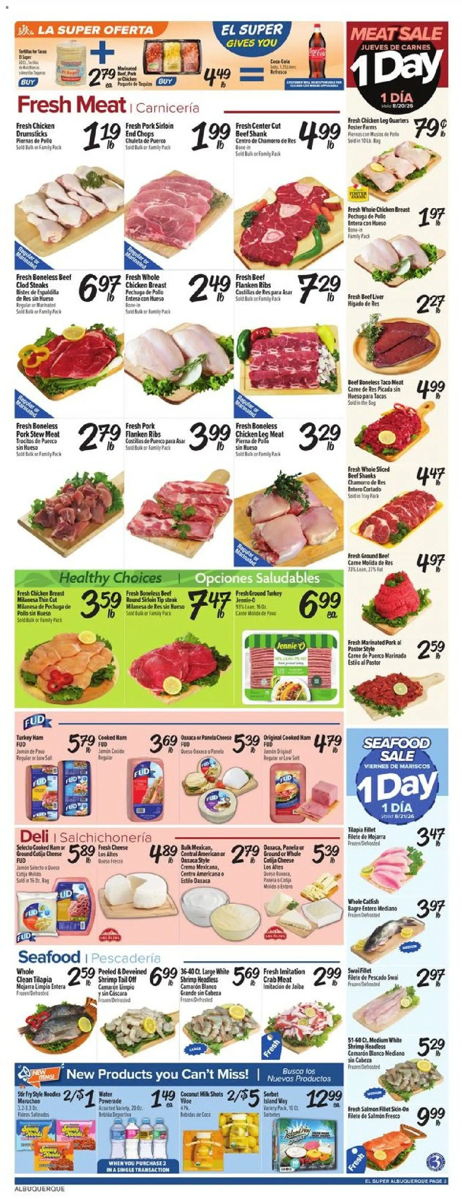 El Super Weekly Ad - NM - valid from 08/19/2026 | Page: 3 | Products: Ground turkey, Pork, Seafood, Fresh salmon