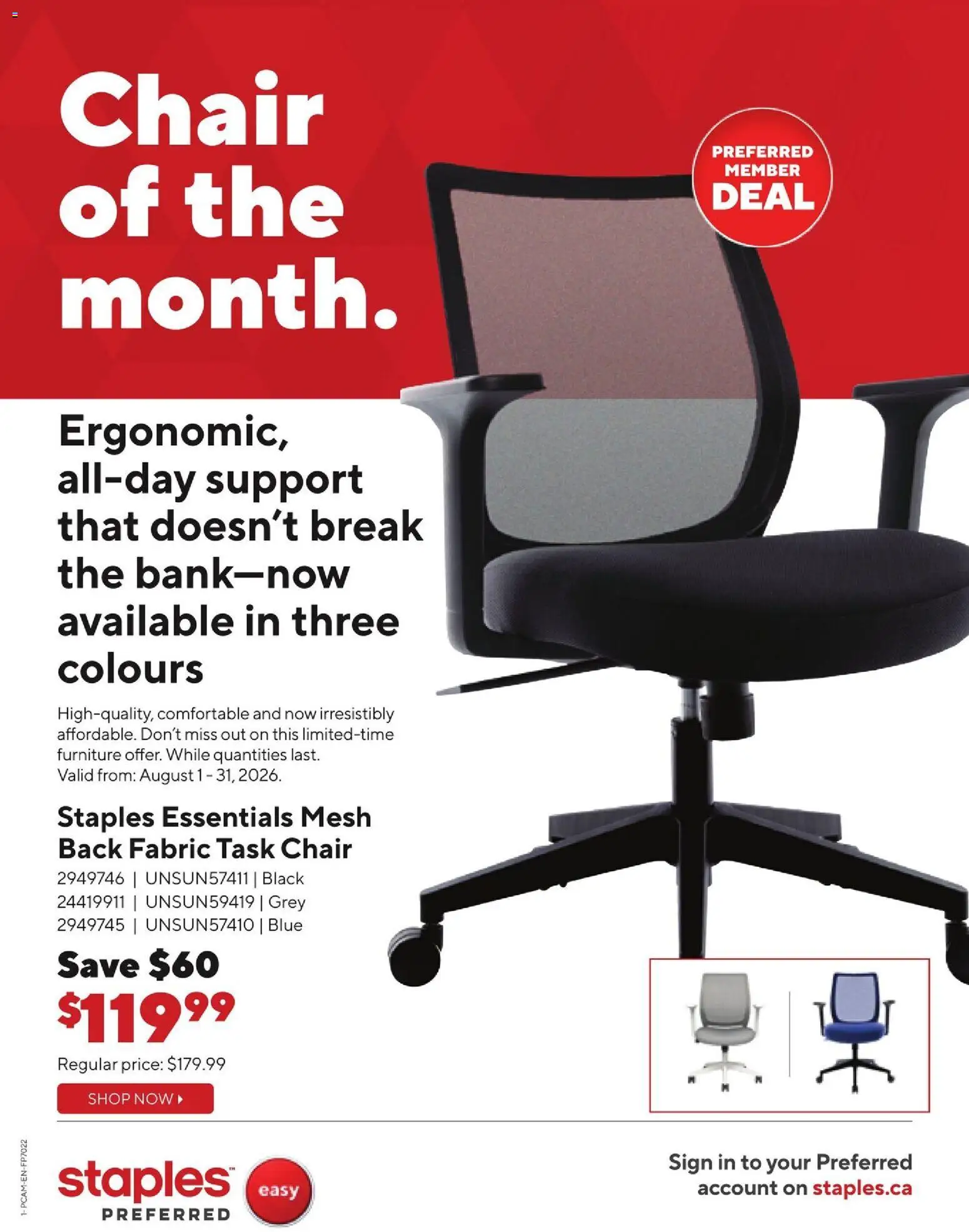 Staples flyer valid from Aug 5, 2026 | Page: 1 | Products: Chair