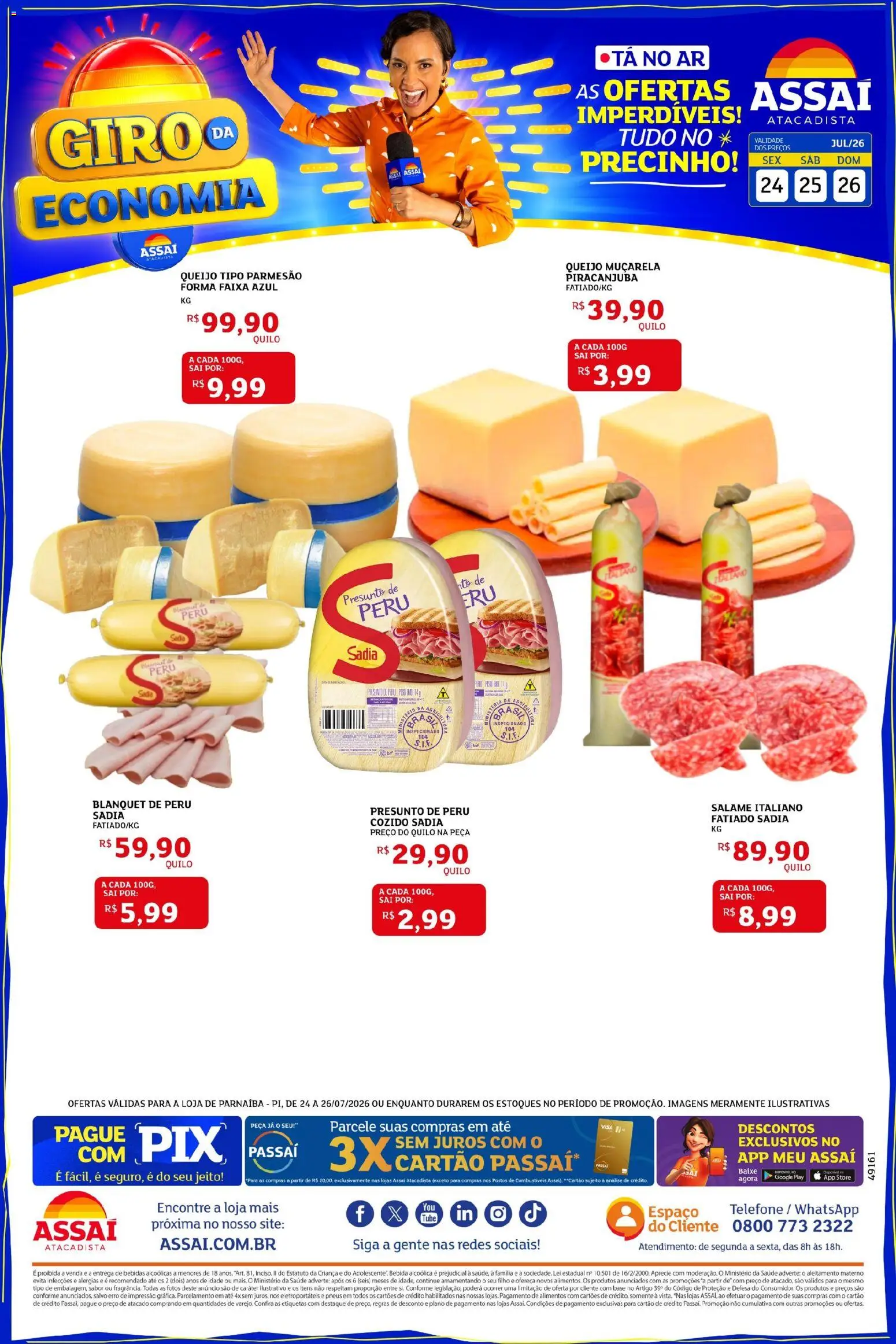 Assaí Atacadista Folheto - válido de 25/07/2026 | Página: 1 | Produtos: Muçarela, Base, Bebida, Telefone